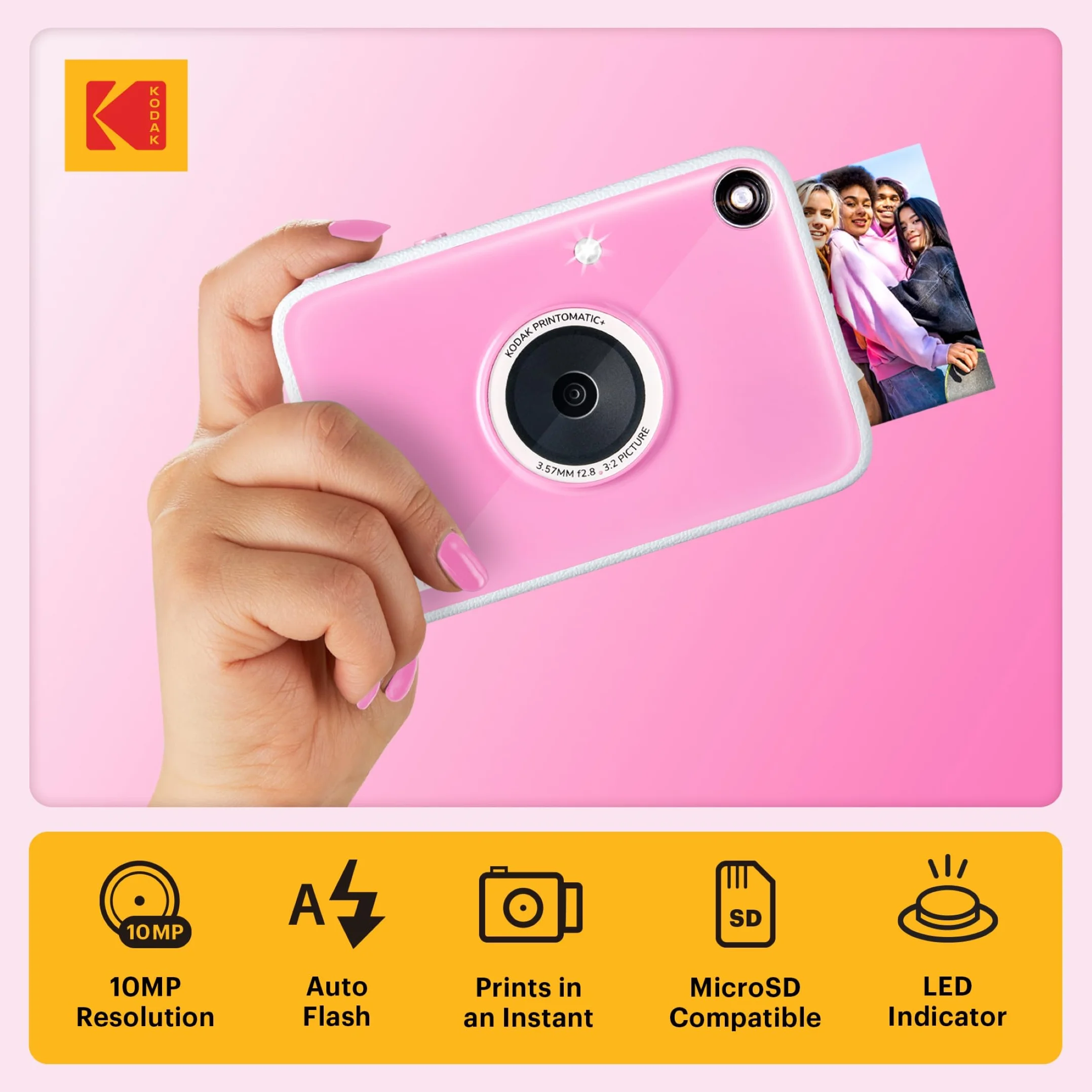 KODAK Printomatic+ Aparat Cyfrowy Natychmiastowy 10MP z Diody RGB, drukuje kolorowe zdjęcia na papierze Zink 2x3” – Różowy