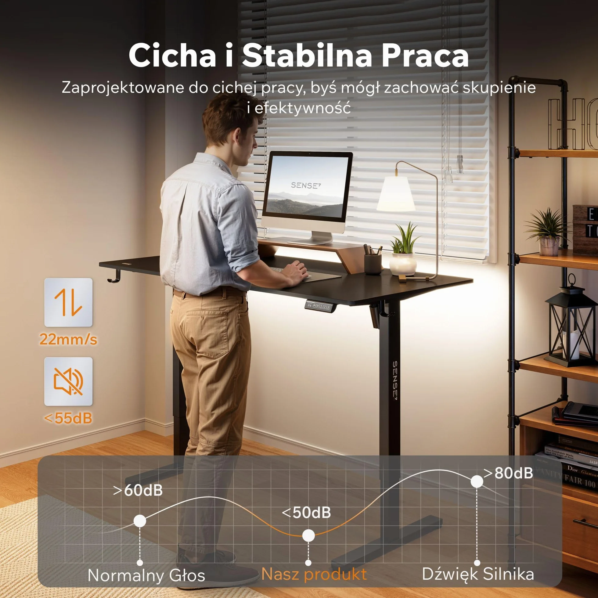 SENSE7 Nojo Light Czarne Biurko Elektryczne 140x70cm 70kg Pamięć Ustawień Cichy Silnik