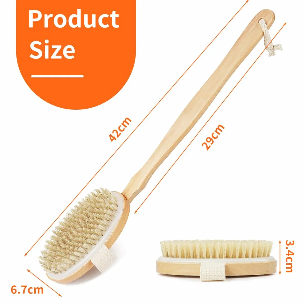 2 szt. Naturalne szczotki do ciała, 43 cm Szczotka do peelingu ciała z długim uchwytem (zdejmowana), suche i mokre użycie do usuwania martwej skóry, funkcje limfatyczne (owalne)