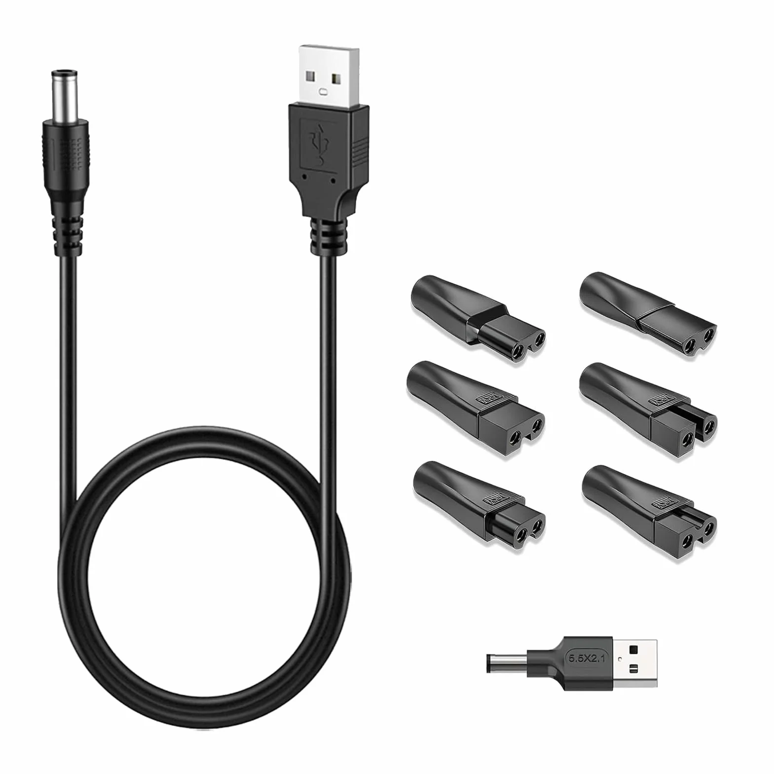 7 sztuk 5 V USB ładowarka do golarki, kabel zasilający USB do maszynki do strzyżenia włosów, zapasowy kabel zasilający do trymera brody, zestaw ładowarek z różnymi adapterami do urządzeń kosmetycznych