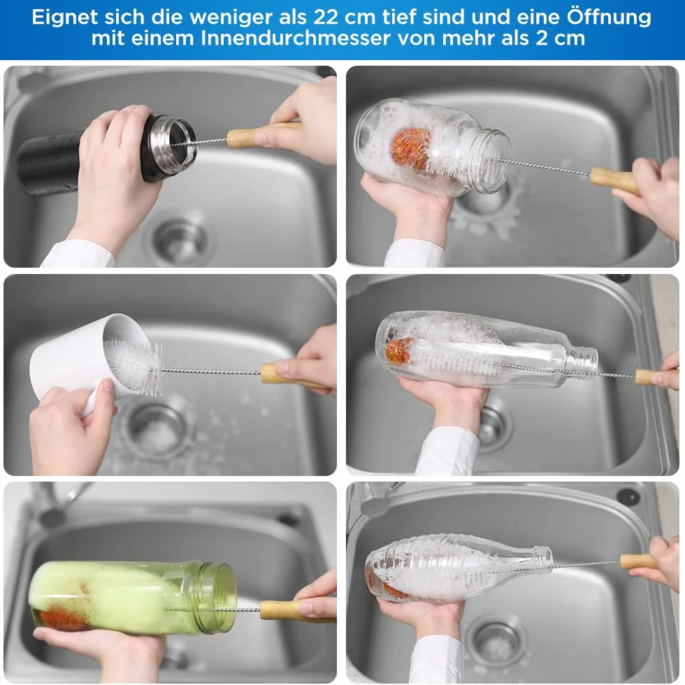 ecooe Szczotka do butelek 35 cm + 33 cm, miękki pluszowy pompon, do SodaStream i wazonów