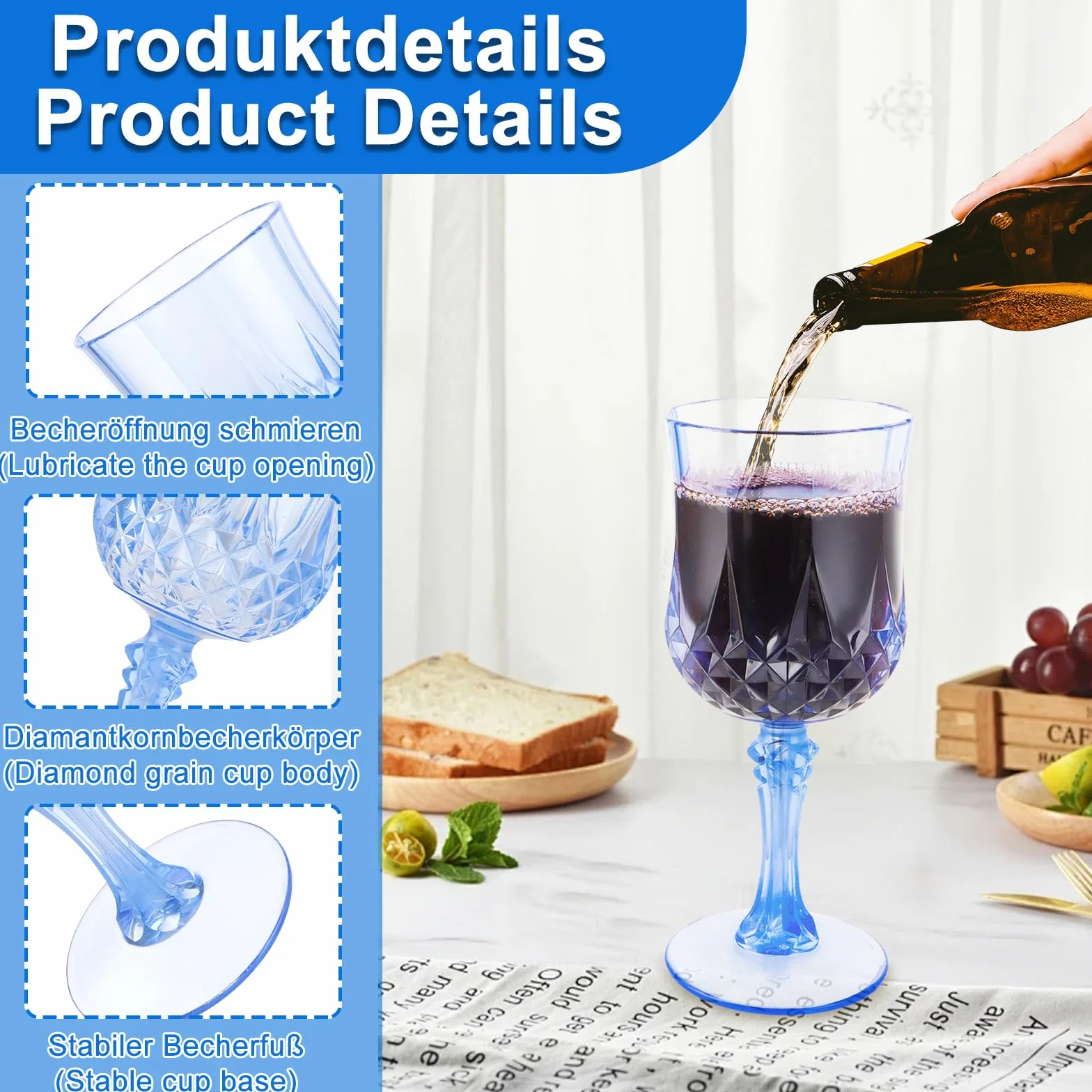 12 sztuk kieliszków do wina z tworzywa sztucznego 200 ml, niebieskie kieliszki do wina, tworzywo sztuczne, z wytłoczonym tłoczeniem, na kemping, z trzonkiem, wielokrotnego użytku, plastikowe