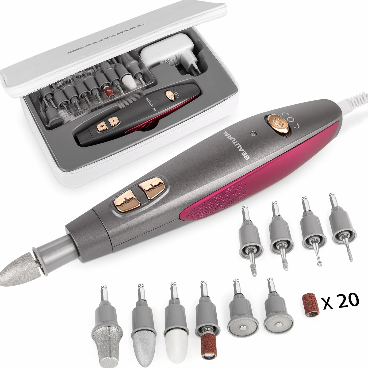BEAUTURAL Zestaw do manicure/pedicure, elektryczna profesjonalna frezarka do paznokci, z 10 końcówkami, zestaw do pielęgnacji paznokci, ze światłem LED, do pielęgnacji dłoni i stóp