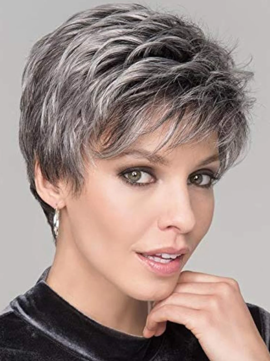 HAIRCUBE Peruka z naturalnych włosów, krótka, ombre, dla kobiet, odporna na wysokie temperatury, siwa do białego, do codziennego użytku