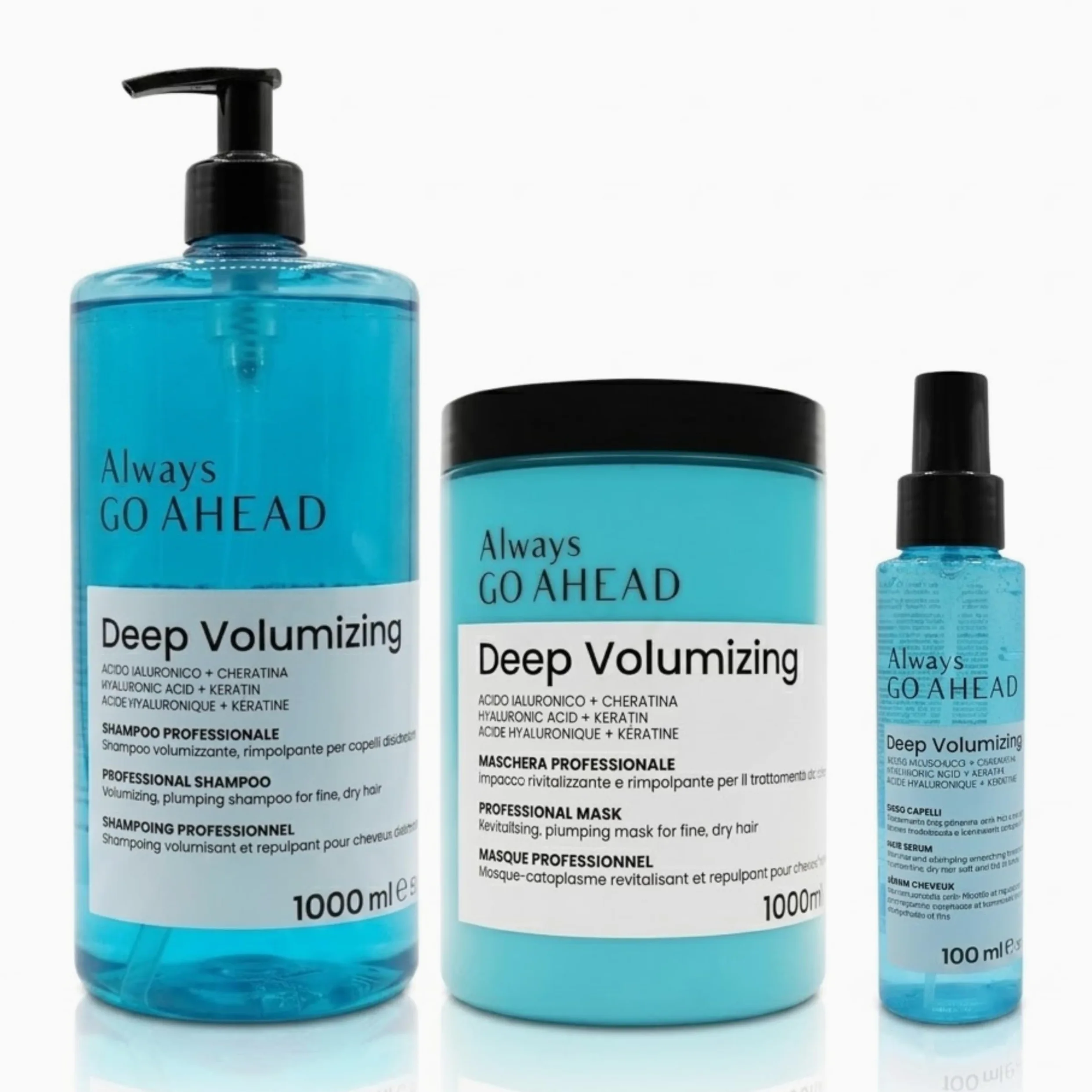 Always Go Ahead Deep Volumizing Zestaw do włosów cienkich i odwodnionych | Szampon 1000 ml, maska 1000 ml, serum 100 ml, kwas hialuronowy i keratyna, profesjonalny zestaw