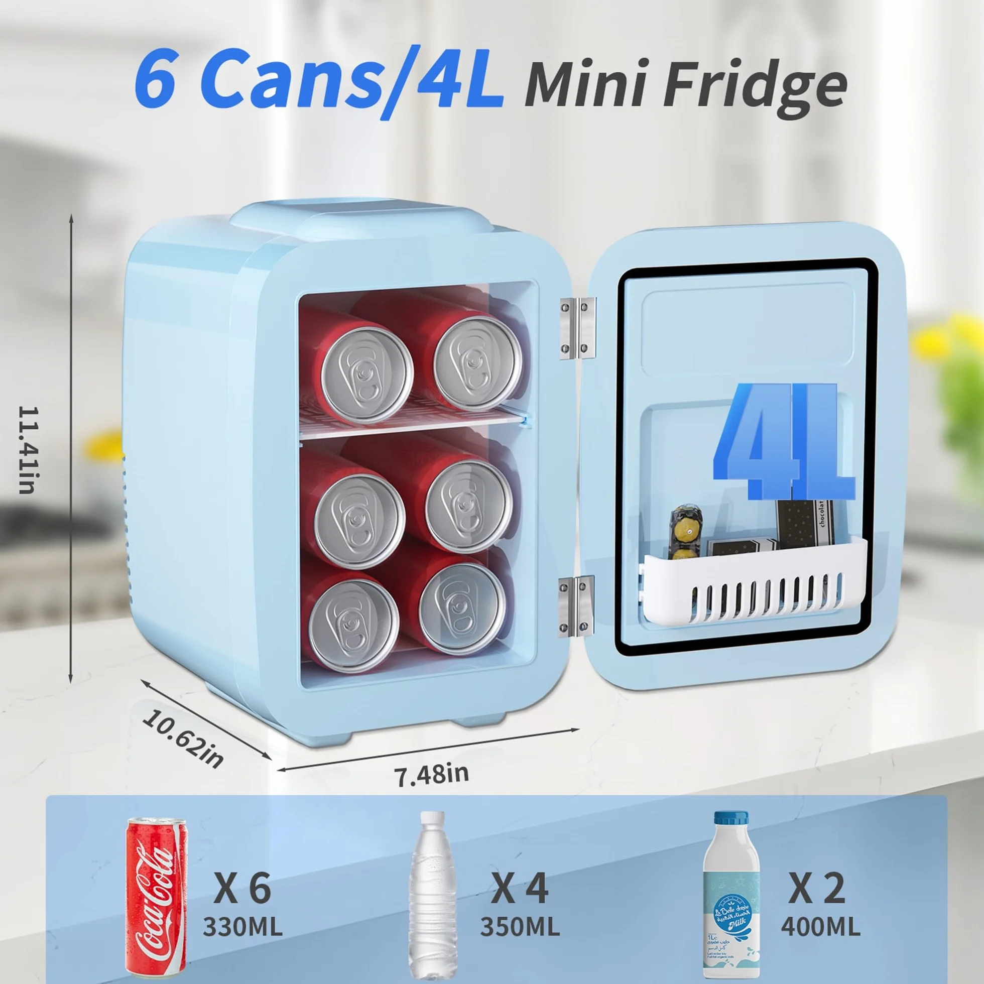 YASHE Mini lodówka pokojowa 4 l, 220 V AC/12 V DC, termoelektryczna podgrzewacz do napojów, niebieski