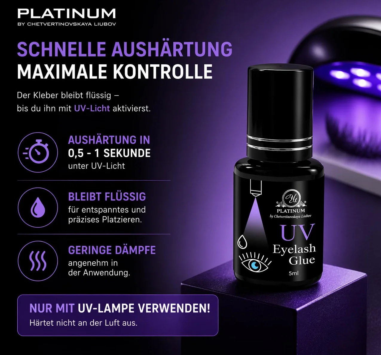 Klej do rzęs UV Clear – przezroczysty klej UV do przedłużania rzęs i UV Lash Glue do systemów UV LED – szybkoschnący, trwały i przyjazny alergikom – 5 ml