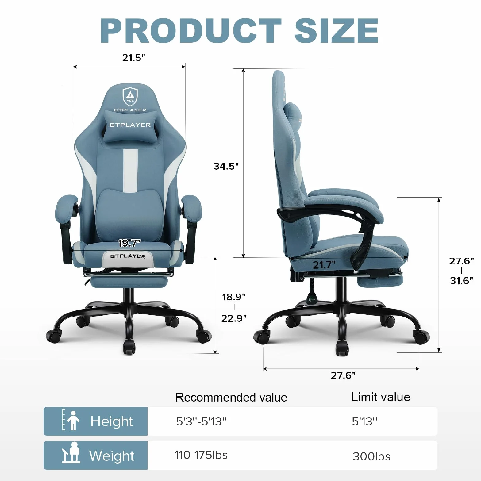 GTPLAYER Fotel Gamingowy Ergonomiczny Regulowany Obrotowy z Podnóżkiem Niebieski