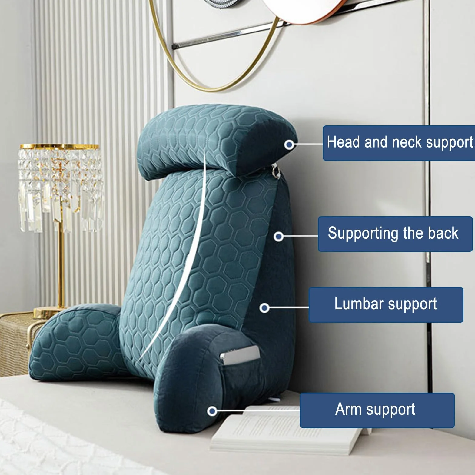 Extra-Large Reading Pillow with Arm Rests Ergonomic Back Support for Bed Sofa Lumbar Support Cushion Washable Cover Dark Green