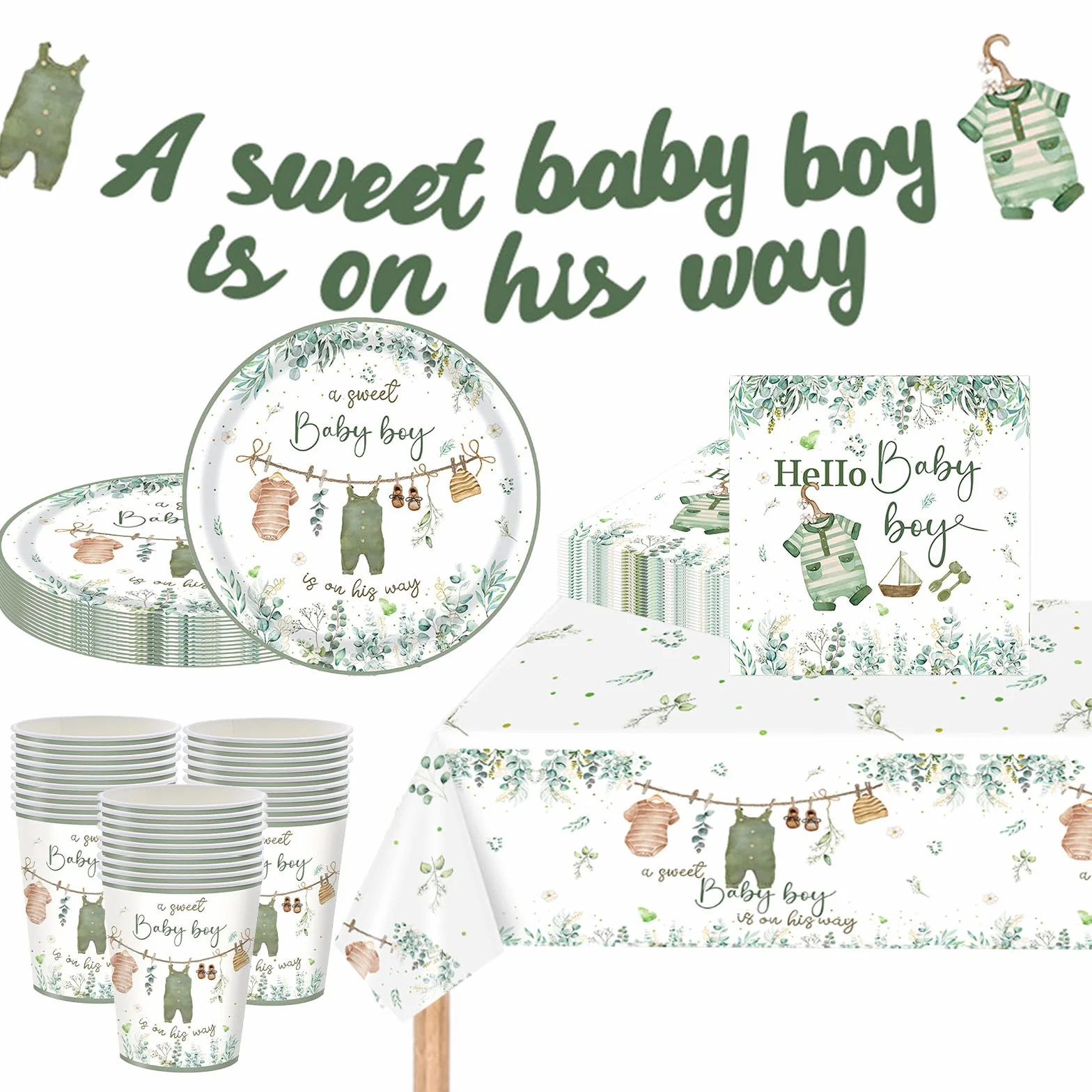Zestaw zastawy stołowej baby shower dla chłopca szałwiowa zieleń 16 gości papierowe talerze serwetki kubki obrus banery