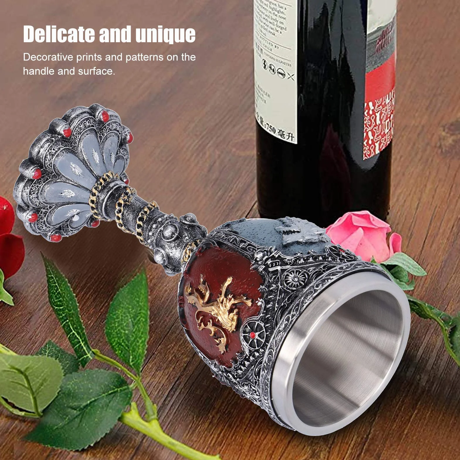 Średniowieczny kieliszek do wina w stylu vintage, ze stali nierdzewnej i żywicy, metalowy kieliszek do wina, relief, dekoracja na imprezę, do domu, baru