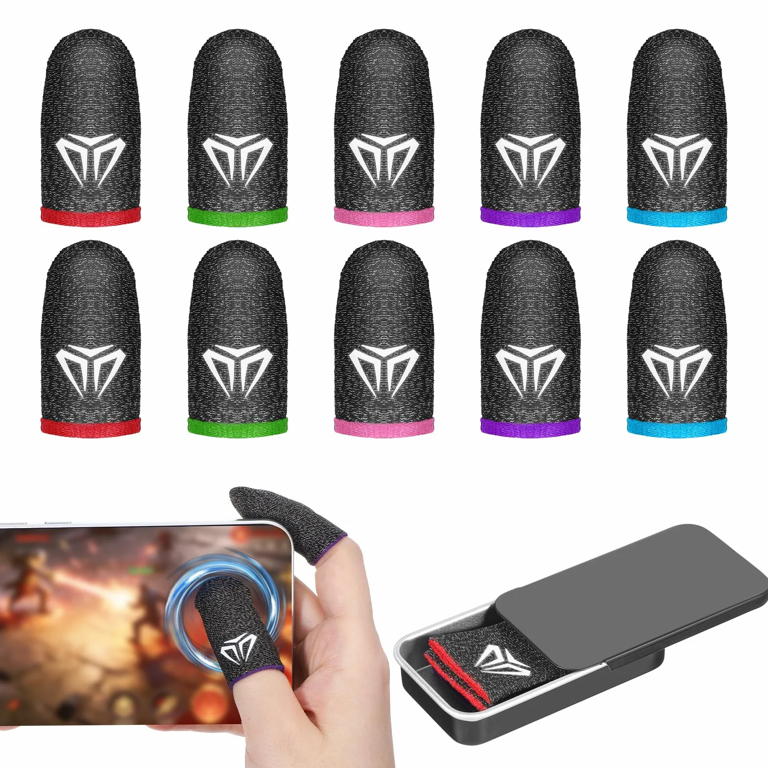 Qianyu 10 sztuk mobilnych rękawów do gier z futerałem, srebrne włókna, ekran dotykowy Thumb Thumb na kciuk, jedwabiste, odporne na pot, oddychające rękawiczki do wszystkich gier