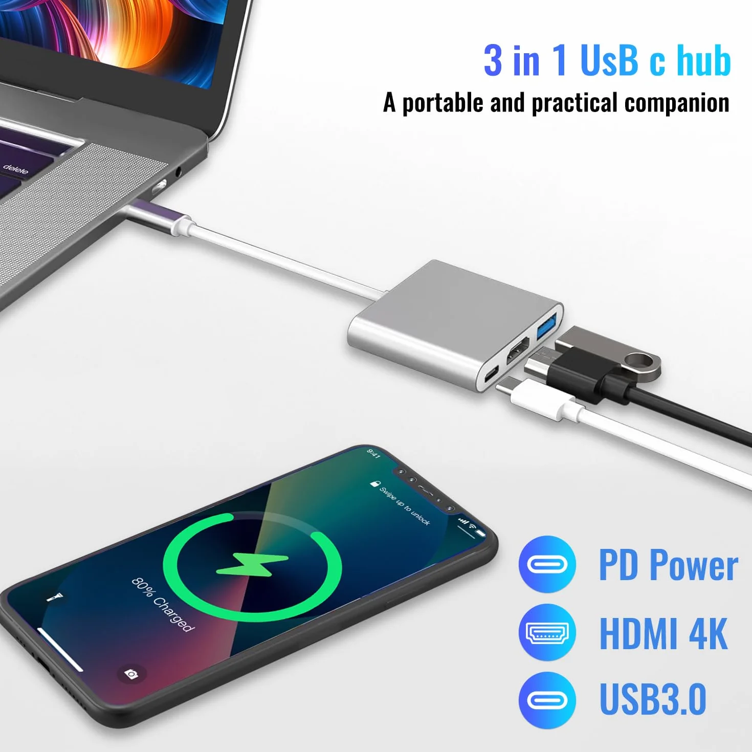 Adapter USB C HDMI 3-EN-1, kabel Lightning na HDMI do telewizora, cyfrowy wieloportowy AV z 4K, USB-A 3.0, Plug and Play