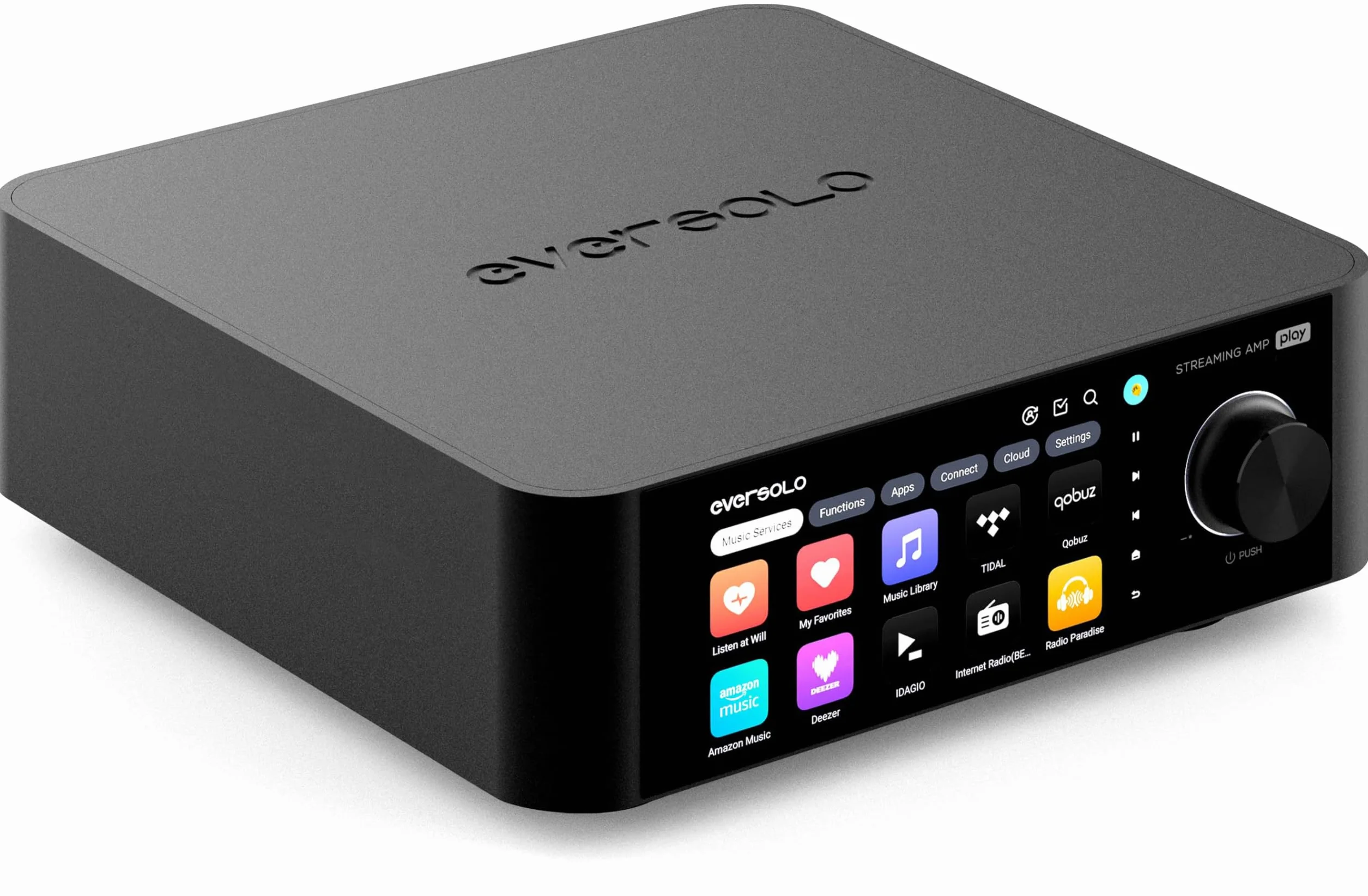 EVERSOLO Odtwarzaj streamer muzyczny All-in-One ze wzmacniaczem, ekran dotykowy 5,5 cala, obsługa korekty wielu pomieszczeń i pomieszczeń, Stream Tidal, Qobuz, Amazon Music i nie tylko, czarny (edycja