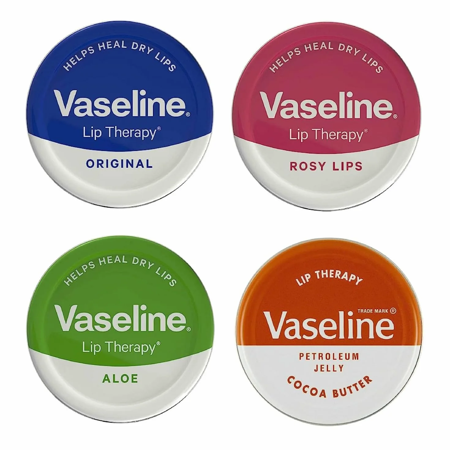Vaseline Balsam do ust – Petroleum Jelly – Lip Therapy – oryginalny, masło kokosowe, aloes i róż, puszka 20 g, uspokaja suche usta, 4 sztuki
