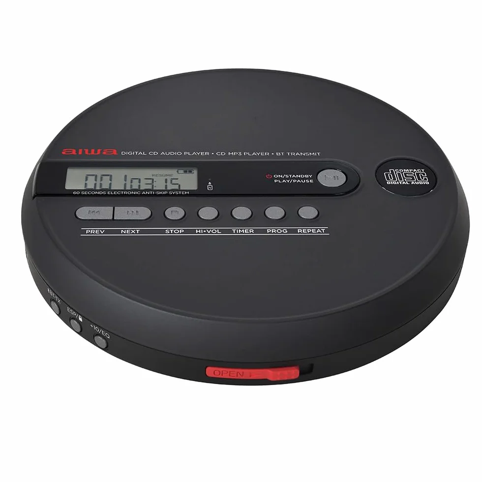 AIWA PCD-1000BT Przenośny odtwarzacz CD do odtwarzania płyt CD/CD-R/RW/MP3, antywstrząsowy, nadajnik Bluetooth i akumulator, kolor czarny