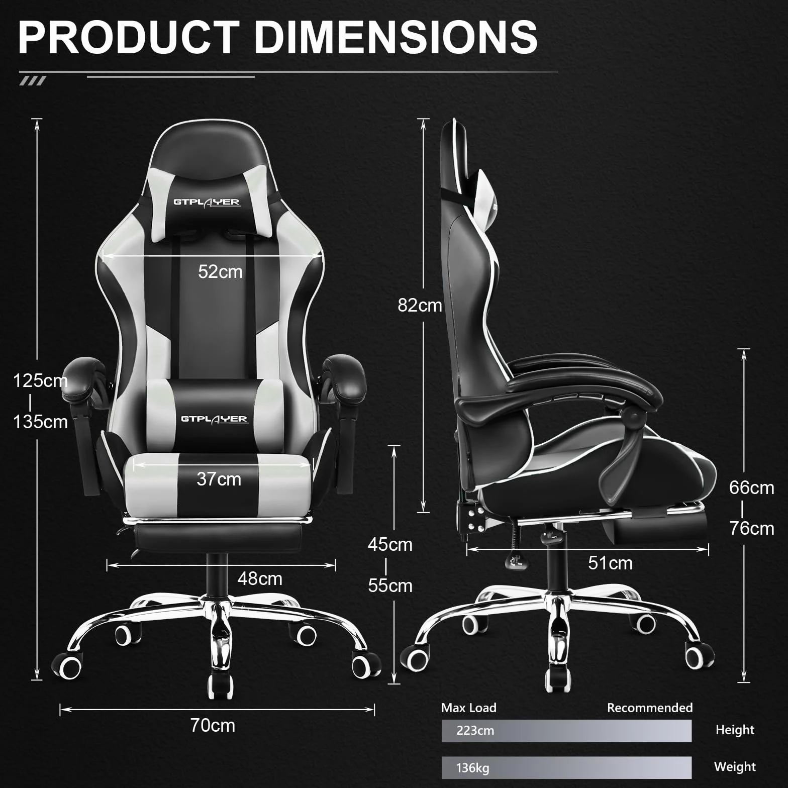GTPLAYER Fotel gamingowy, ergonomiczny fotel komputerowy z podnóżkiem i podparciem lędźwiowym, fotel gamingowy z regulacją wysokości, z siedziskiem obrotowym o 360° i zagłówkiem, biały