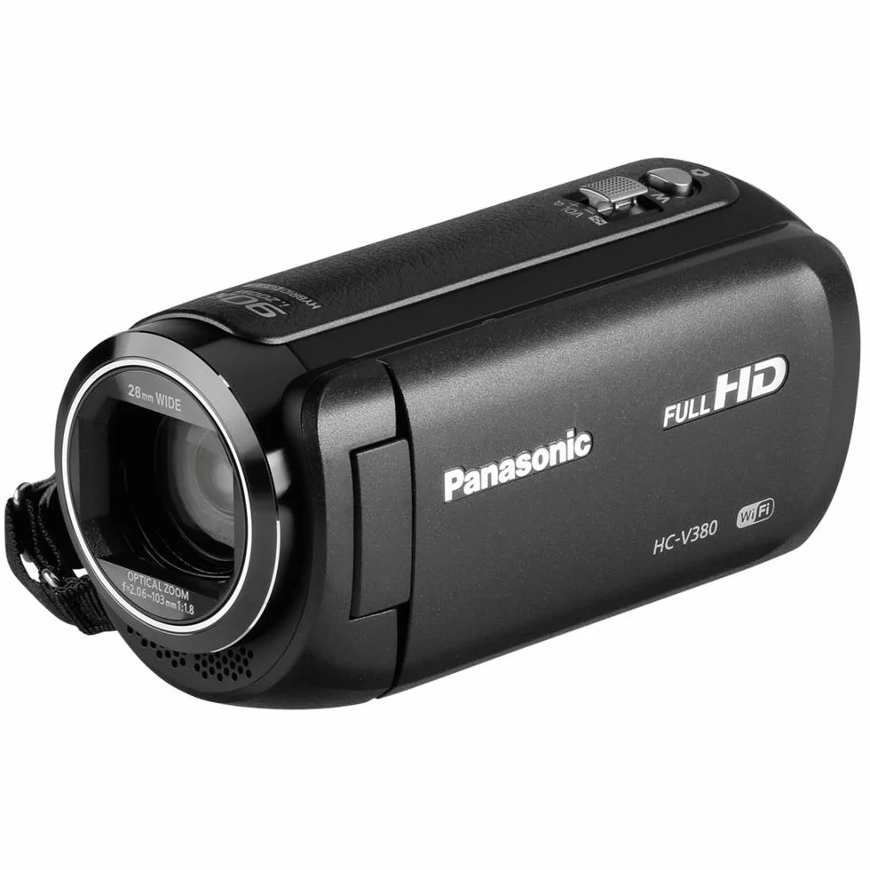 Panasonic HC-V380EG-K Full HD kamera wideo (Full HD, 50x zoom optyczny, szeroki kąt 28 mm, optyczny 5-osiowy stabilizator obrazu Hybrid OIS+, WiFi), czarna