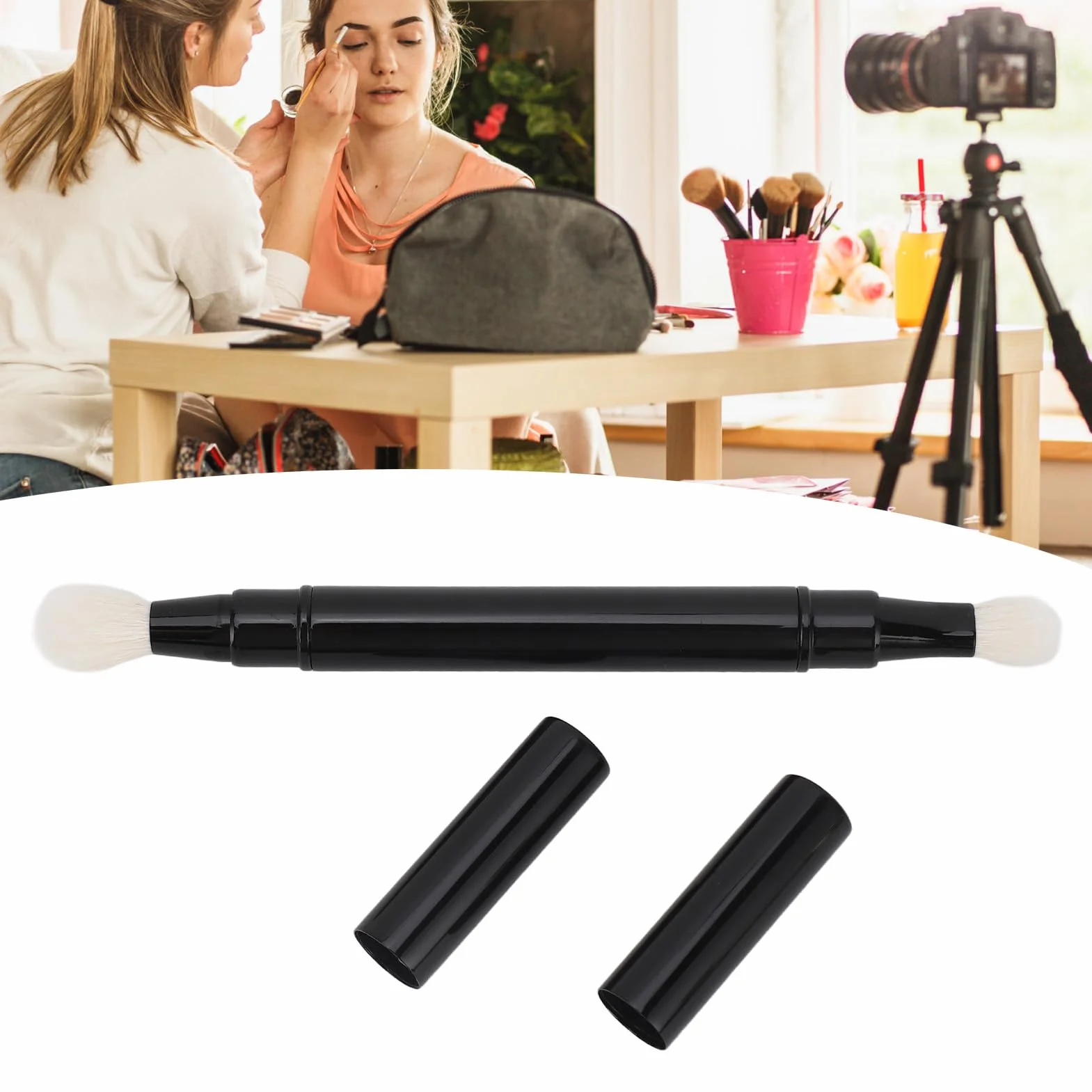 Yosoo Health Gear Chowany pędzel do cieni do powiek z podwójną końcówką do podróży, miękkie włosie wełniane, czarny, pędzel kosmetyczny, zestawy pędzli, do cieni do powiek