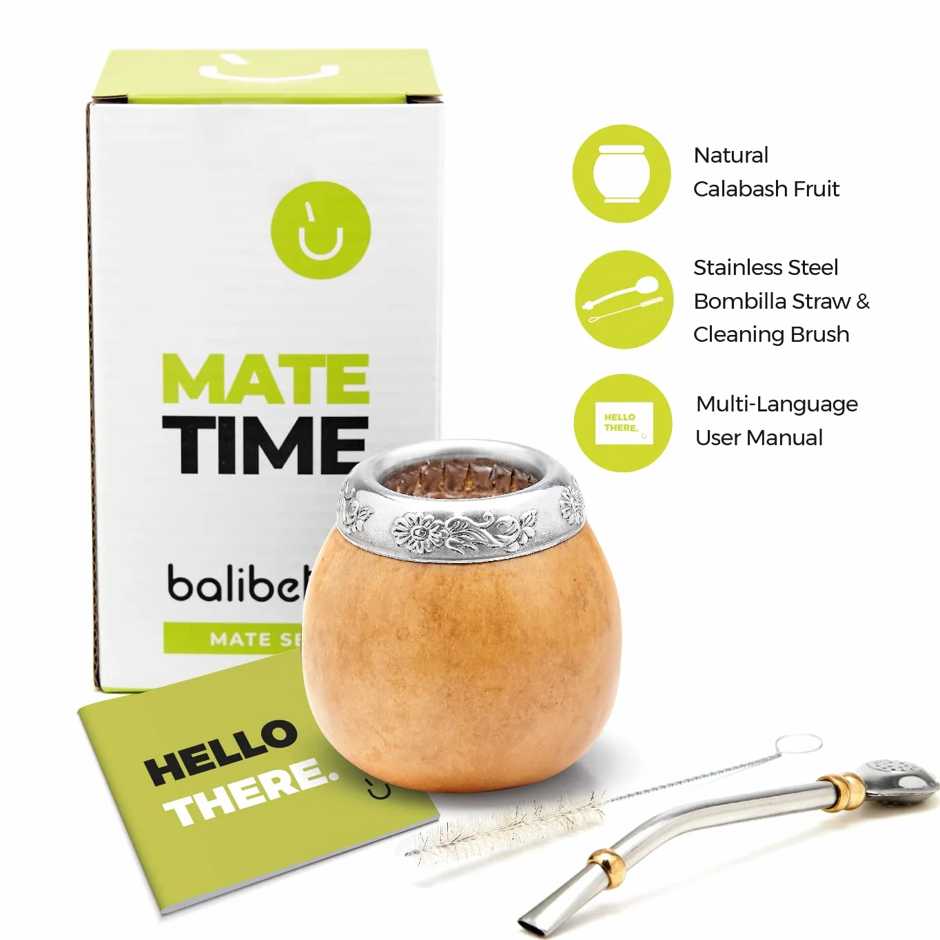 BALIBETOV Yerba Mate Kubek Naturalny Ręcznie Robiony Argentyński - Zestaw z Bombillą i Szczotką