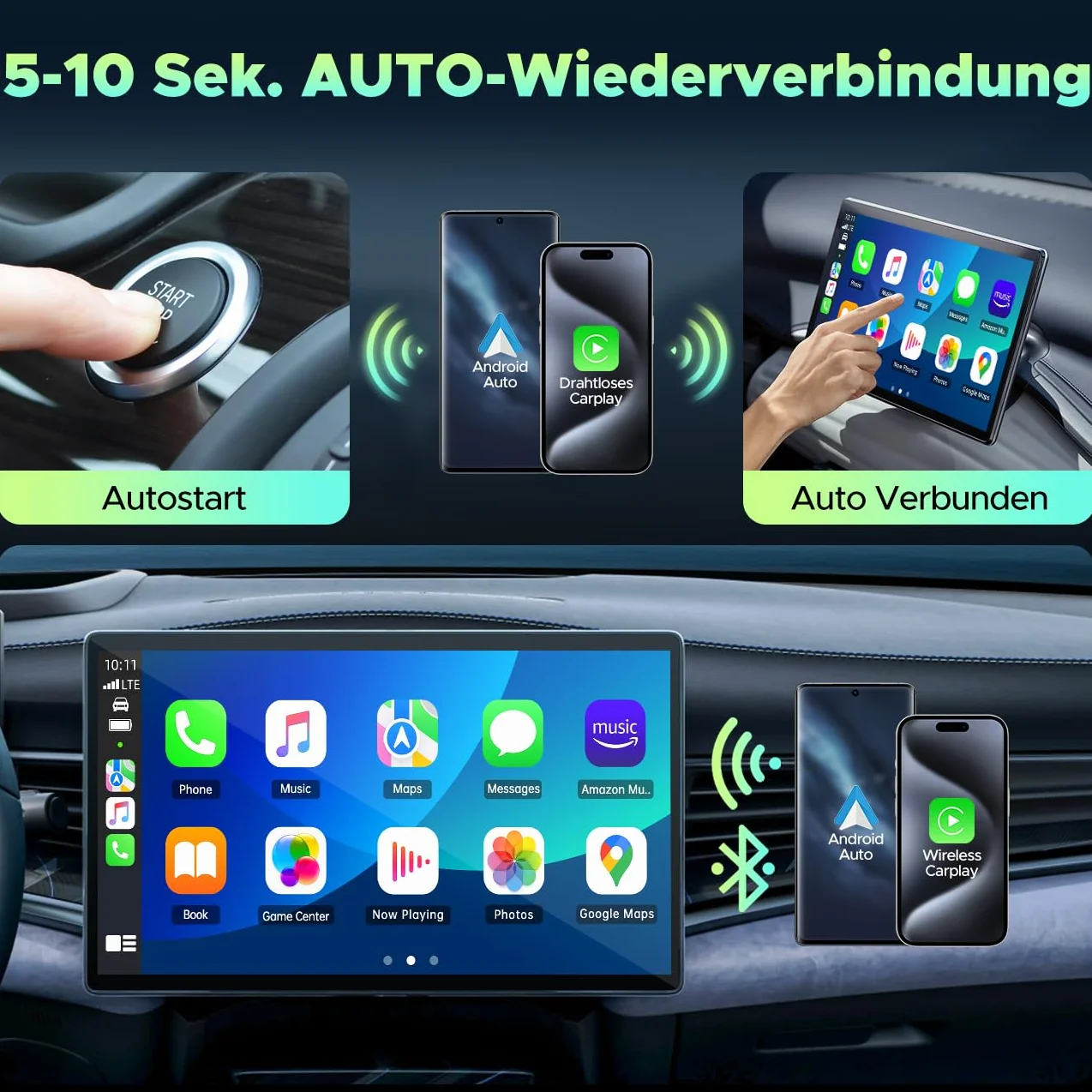 Lamto Carplay Adapter Android Auto 2 w 1 do CarPlay i Android Auto,Bezprzewodowy Klucz Sprzętowy CarPlay Konwertuje Połączenie Przewodowe na Bezprzewodowe, Plug&Play, Obsługuje iOS 10+ i Android 11+