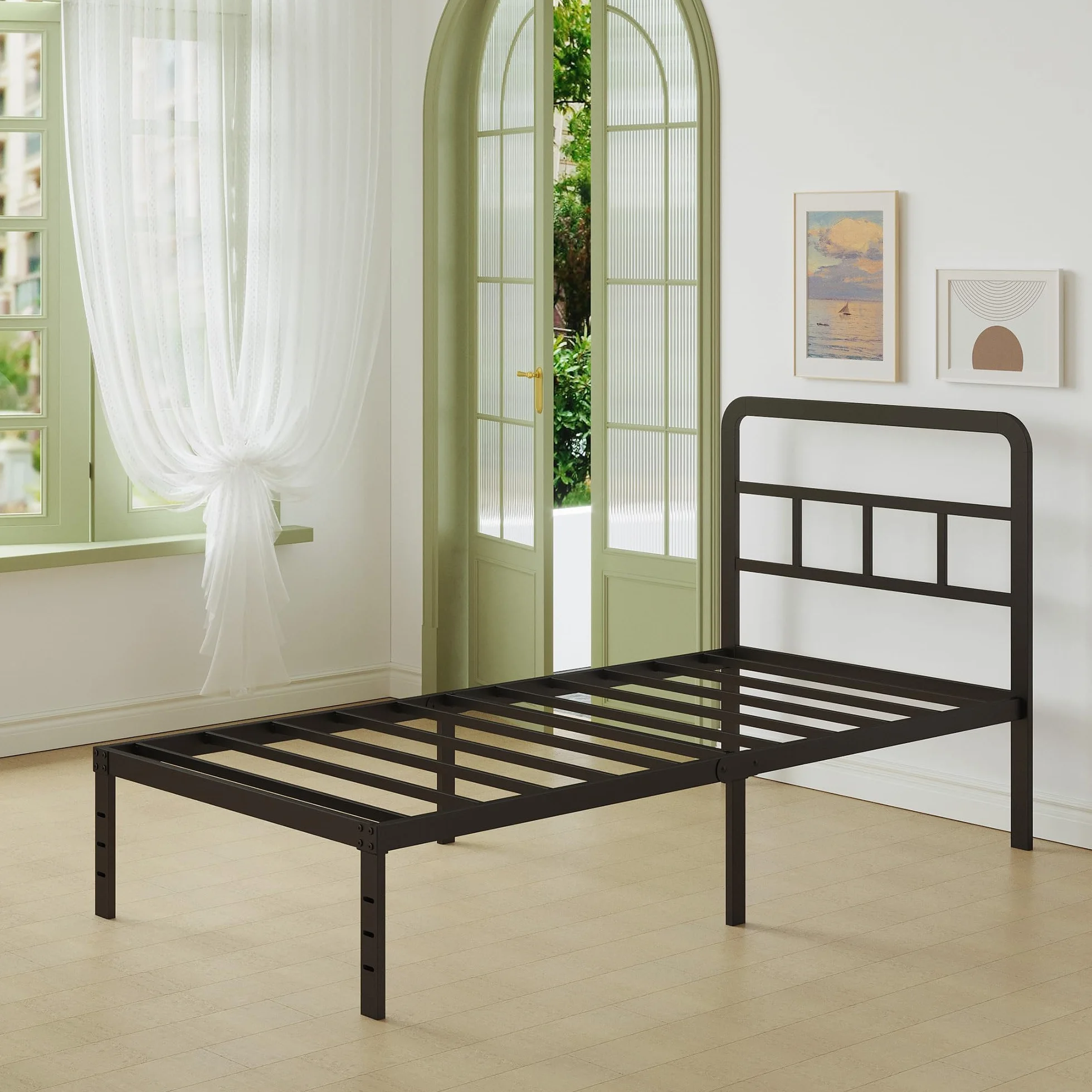 Lutown-Teen Europejska rama łóżka pojedynczego 36 cm wysokości 90x200 z zakrzywionym zagłówkiem, wzmocniona metalowa rama łóżka pojedynczego 3ft ze stalowymi listwami, miejsce do przechowywania pod
