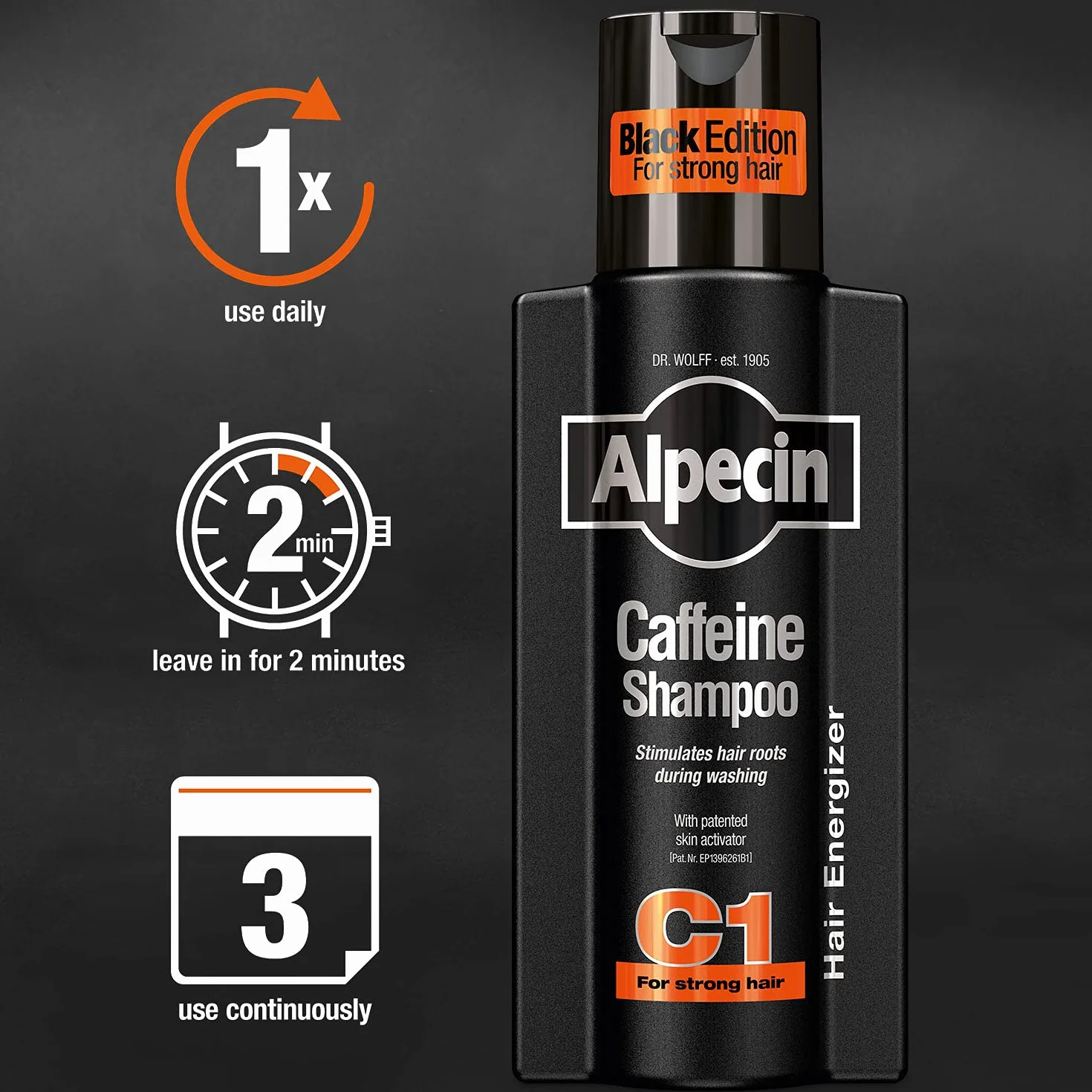 Alpecin Black Szampon kofeinowy z nowym zapachem 1x250ml | Zapobiega i redukuje wypadanie włosów | Pielęgnacja włosów dla mężczyzn Made in Germany