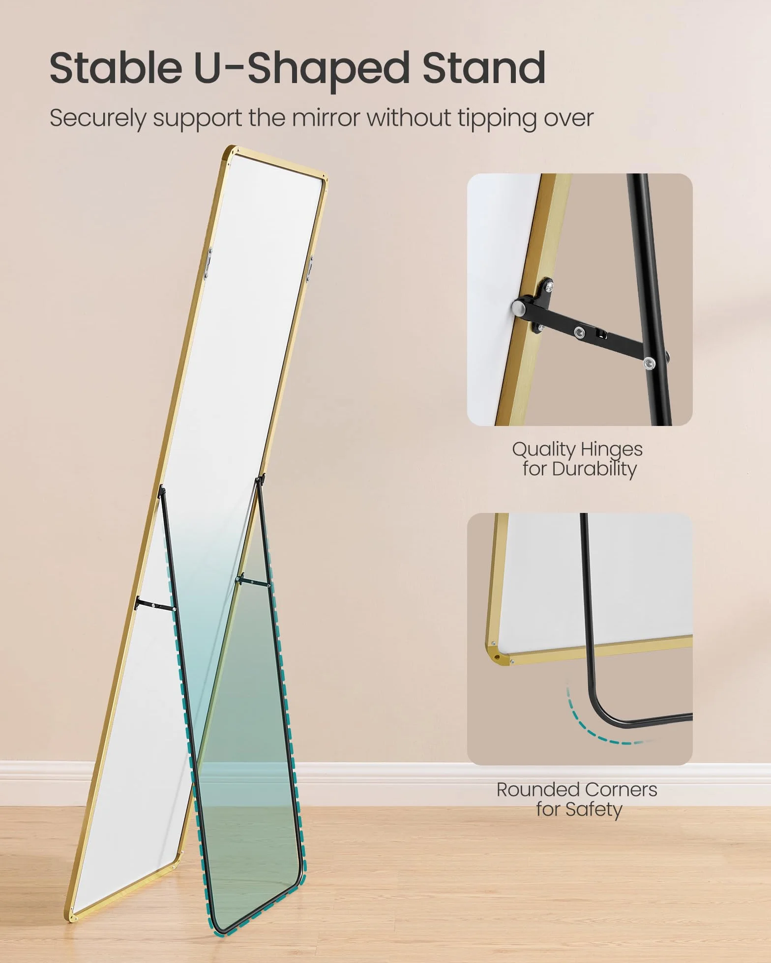 SONGMICS Lustro pełnej długości, 160 x 50 cm, prostokątne lustro całe ciało ze stojakiem, rama ze stopu aluminium, szkło hartowane, do sypialni, salonu, szatni, bladozłoty LFM030A01
