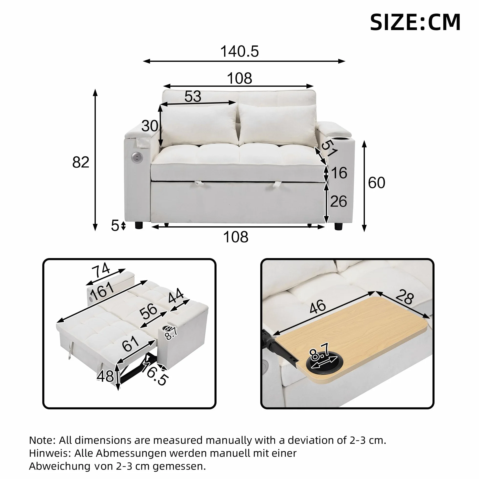 Sofa 2-osobowa z funkcją spania 140,5 x 74 x 82 cm rozkładana 3 w 1 regulowanym oparciem USB ukryty stół beżowa