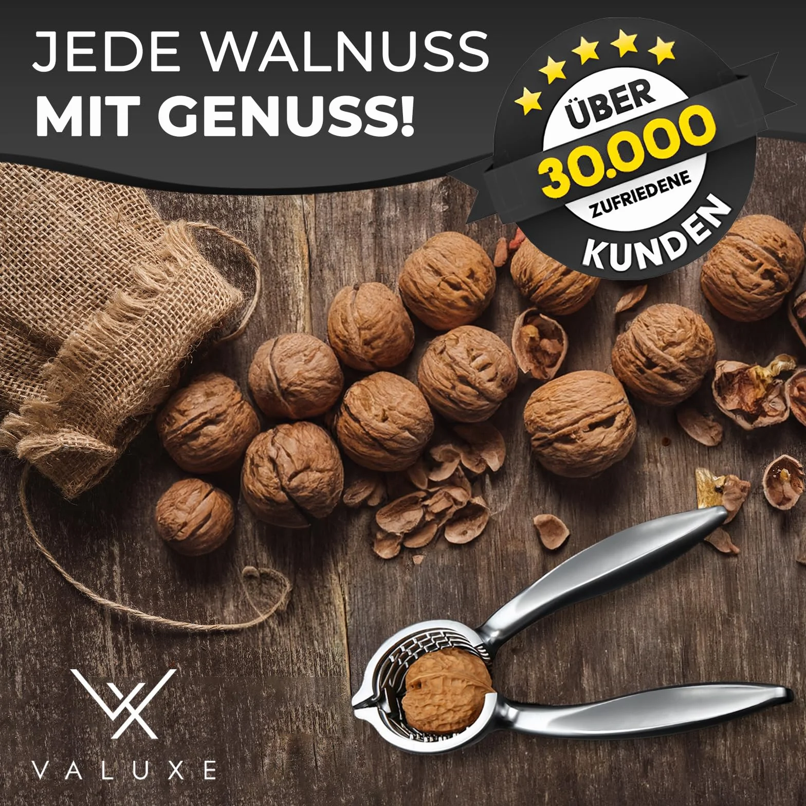 VALUXE® Premium dziadek do orzechów PRO - ULEPSZONY model 2025 z antypoślizgowym uchwytem - Ekskluzywny dziadek do orzechów włoskich rozłupuje każdy orzech z przyjemnością - szczypce do orzechów