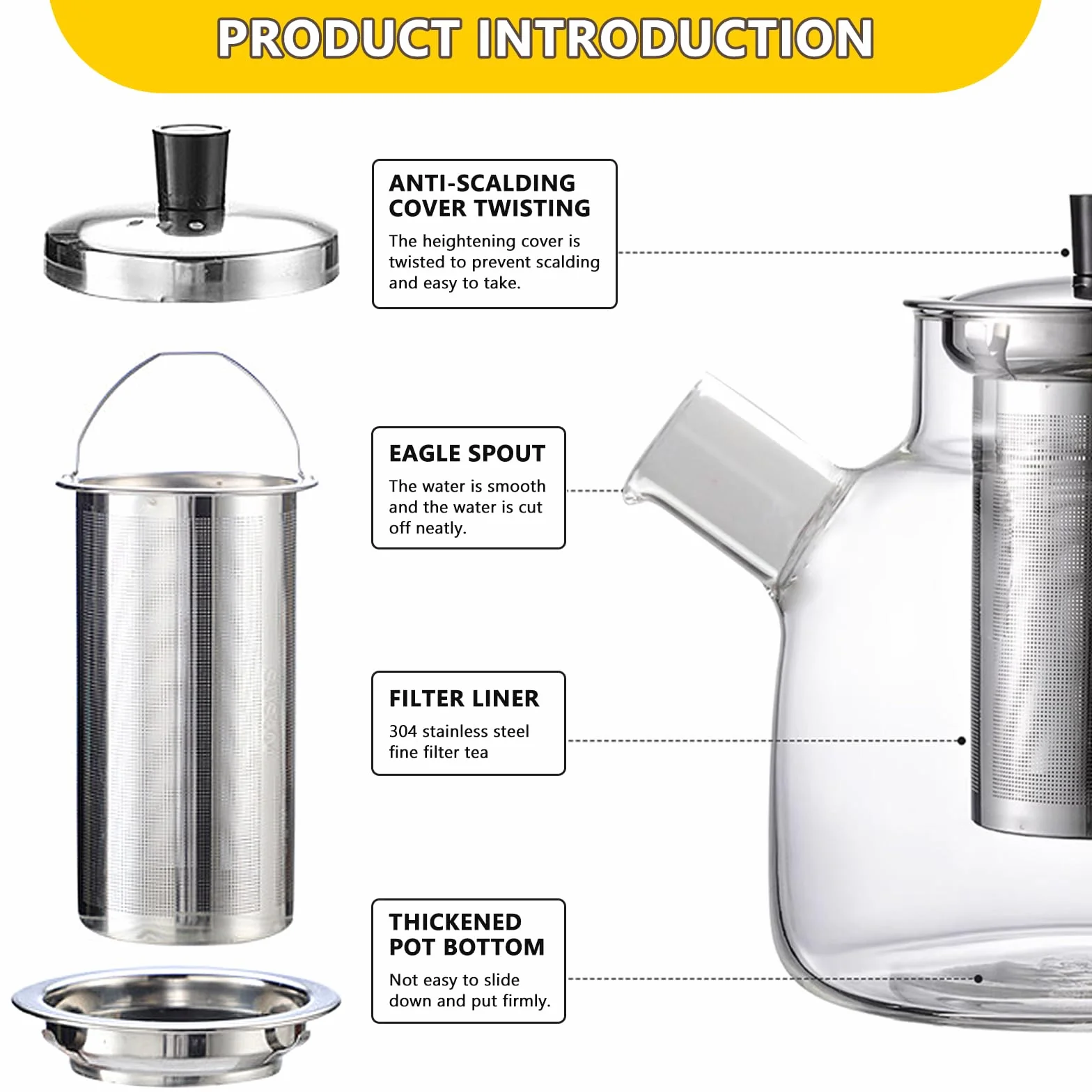 Dzbanek do herbaty z sitkiem, 1800 ml, dzbanek do herbaty z podgrzewaczem, szklany dzbanek do herbaty ze szkła borokrzemowego, zestaw do herbaty sypkiej, torebki herbaty, szklany dzbanek do wszystkich