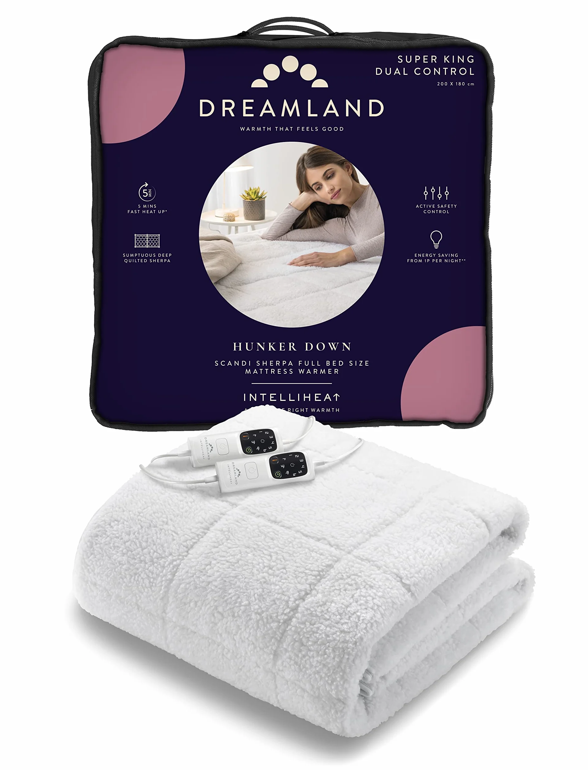 Dreamland Intelliheat+ Scandi Koc na łóżko podwójne 200x180 cm elastyczne paski 6 ustawień temperatury regulator czasowy