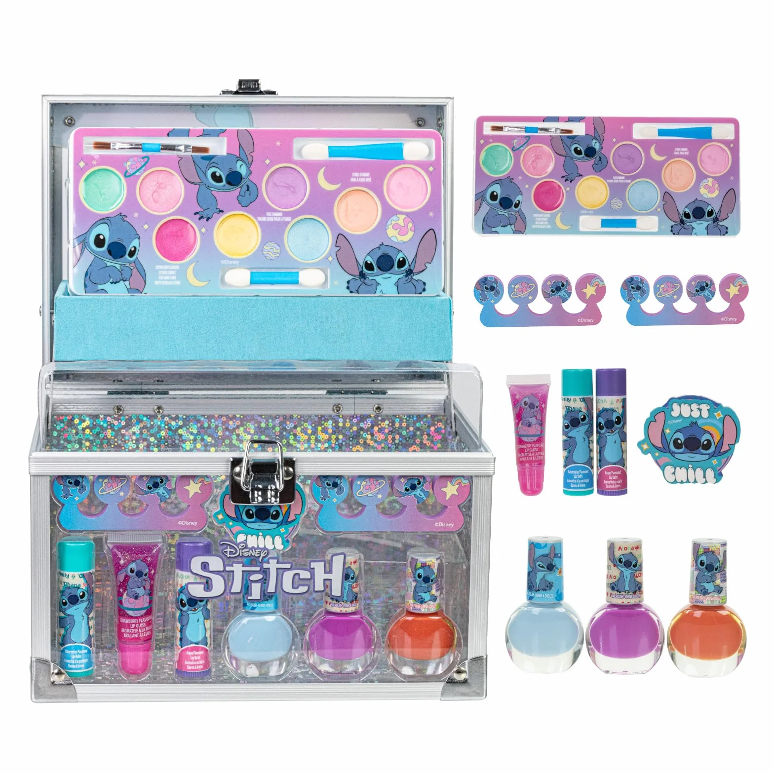 Stitch Zestaw kosmetyków Train Case, zestaw do makijażu dla dziewczynek, prawdziwy zmywalny zestaw do makijażu, makijaż do zabawy, upominek na imprezę, urodziny Townley Girl
