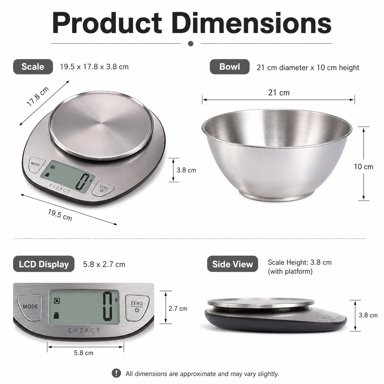 Exzact Elektroniczna waga kuchenna Waga do pieczenia ze stali nierdzewnej - Duża waga wyświetlacza z misą do mieszania ze stali nierdzewnej - maks. 5 kg