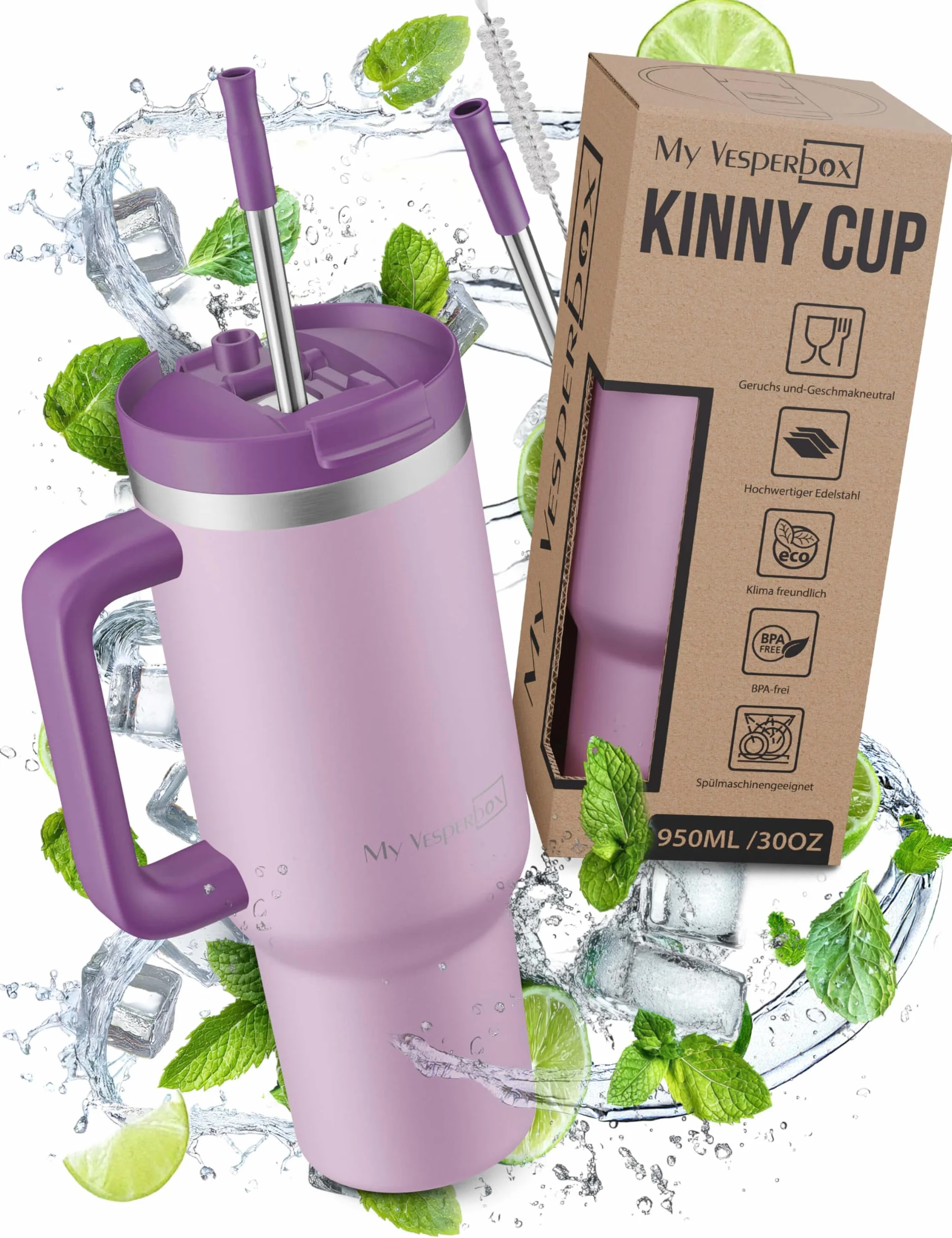 My Vesperbox Kinny Cup kubek termiczny, ze słomką, 500, 950 ml, kubek do kawy na wynos, ze stali nierdzewnej, bez BPA i melaminy