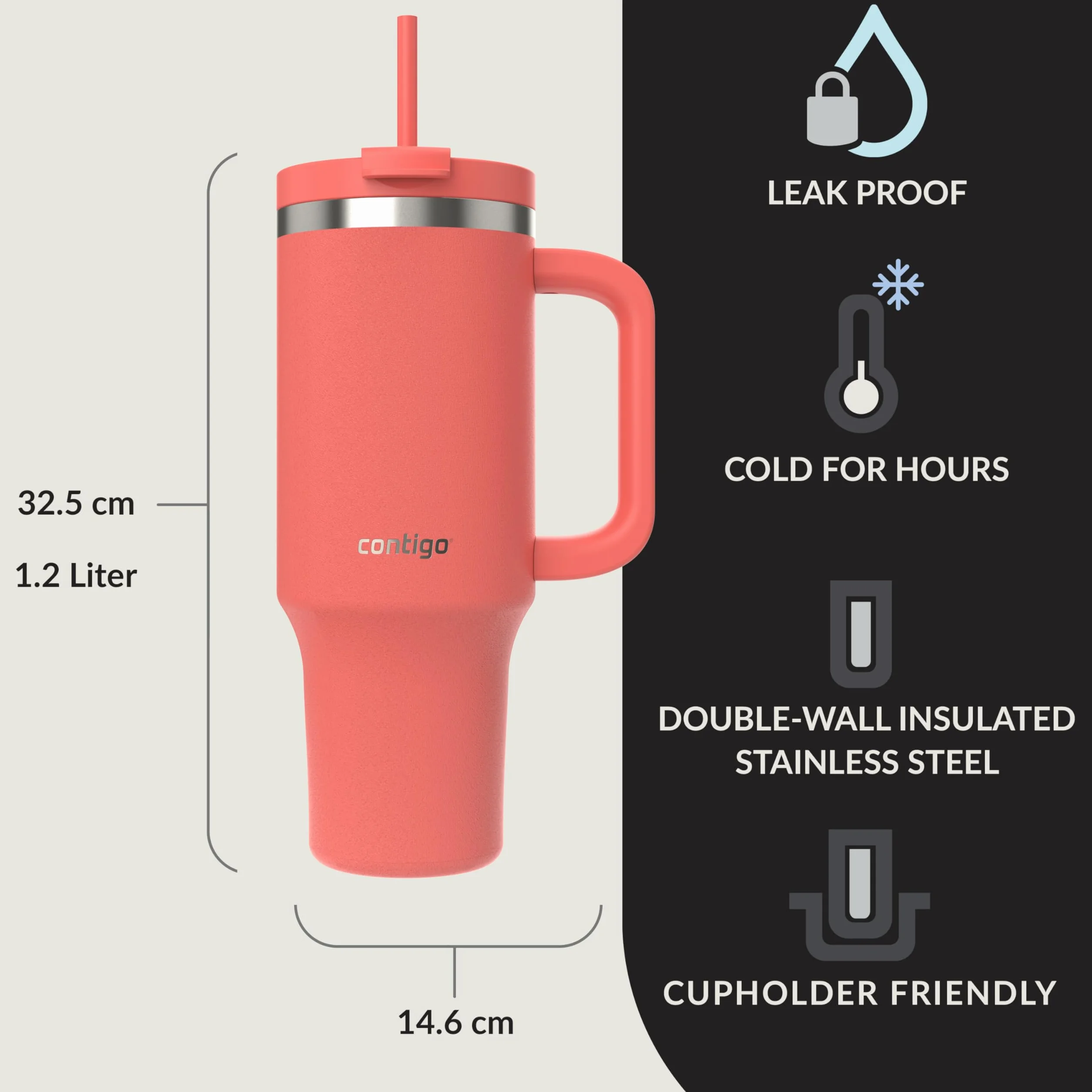 Contigo Tumbler 1200 ml z uchwytem, izolowana próżniowo butelka na wodę ze słomką i pokrywką, zimna przez 29 godzin, kubek podróżny, termos termiczny, nie zawiera BPA, koralowy