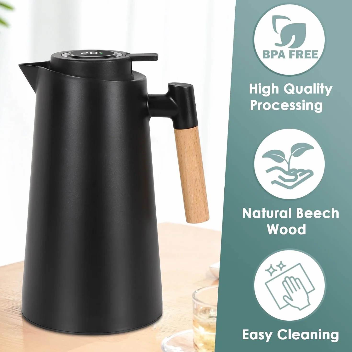 Dreamhigh® Termos 1 l, termos z wyświetlaczem temperatury, dobrze uszczelniony dzbanek do kawy (bez wycieków, bez kapania) – elegancki czarny