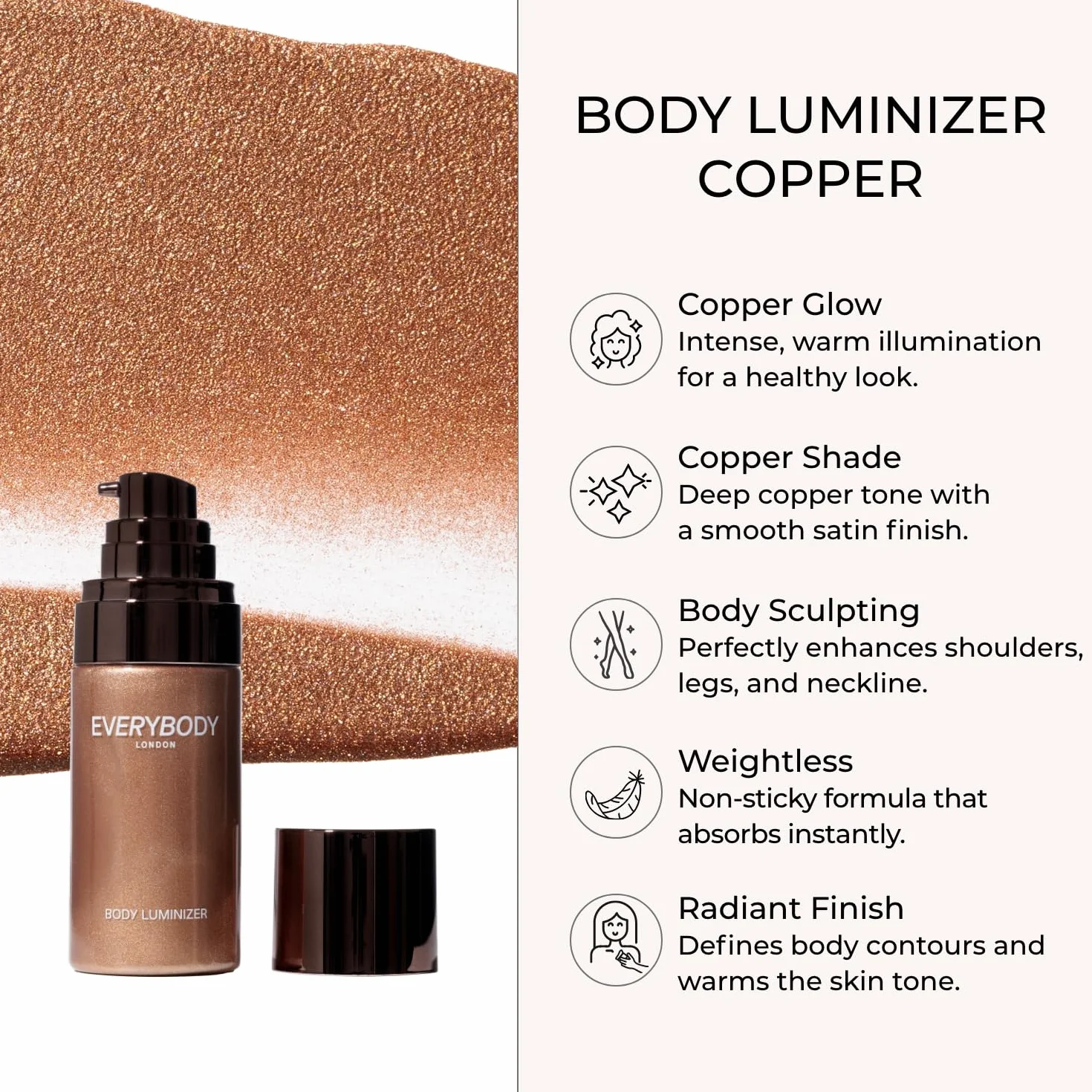 EVERYBODY LONDON Płynny rozświetlacz do ciała, Body Luminizer, satynowe wykończenie, złocisty glow, efekt promiennej skóry, 50ml (Copper)