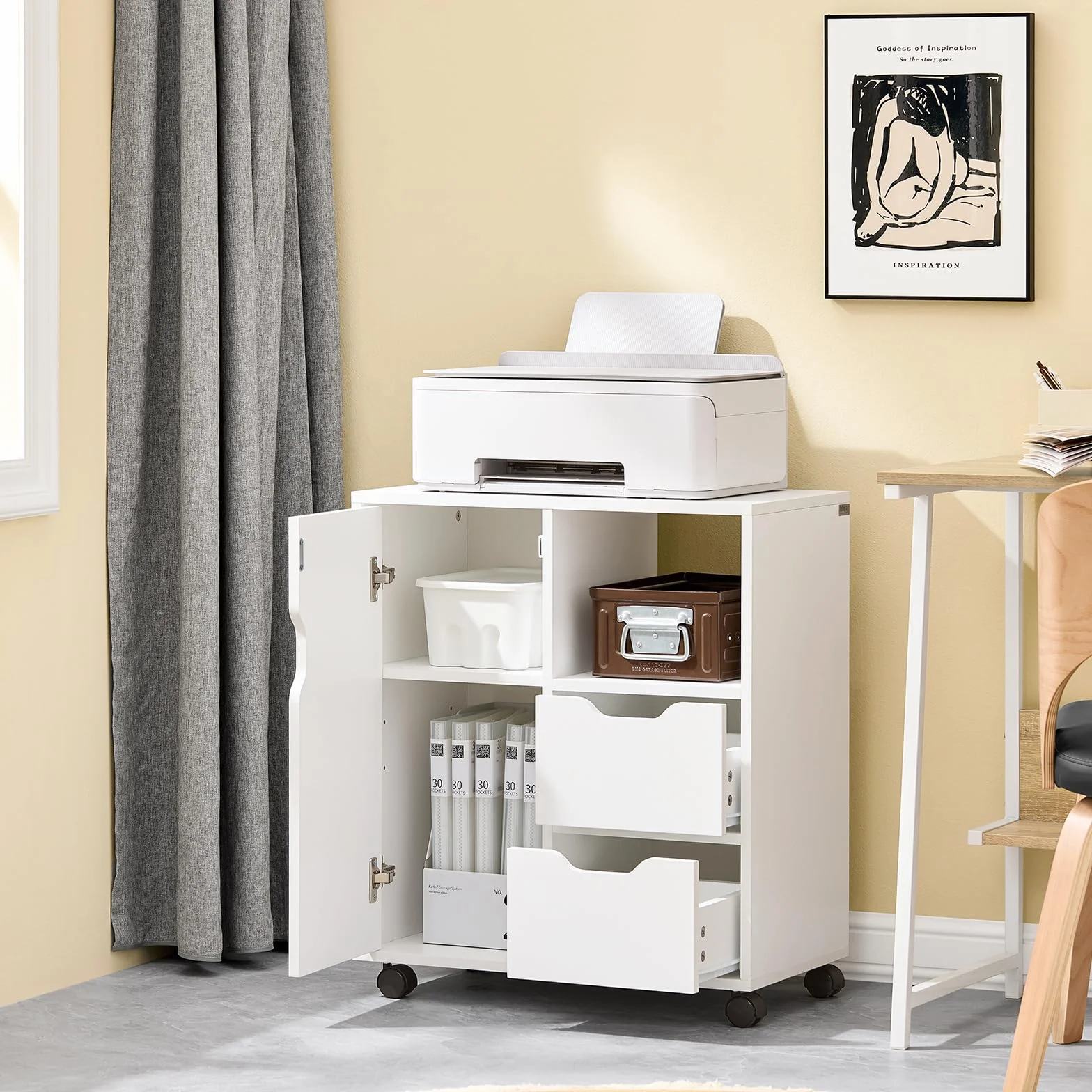 SoBuy Szafka na Drukarkę 2 Szuflady 1 Drzwi Mobilna na Kółkach Biała 60x35x70 cm FBT105-W