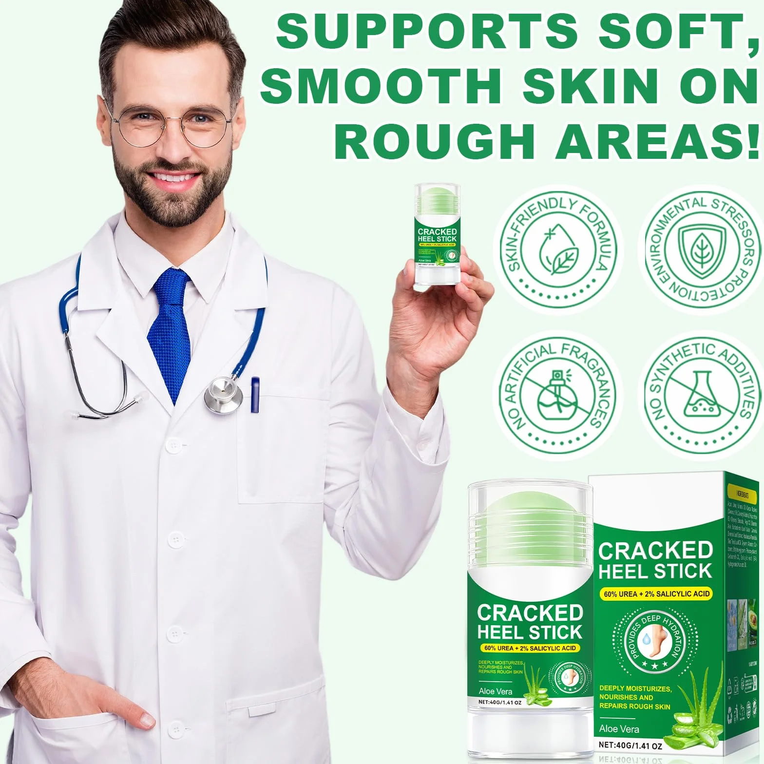 Aloe Vera sztyft do pielęgnacji stóp z 60% mocznikiem, 2-pak – łagodzi suche, popękane pięty, 2% kwas salicylowy, nawilżający balsam do stóp, nawilżający, wegański, nietestowany na zwierzętach