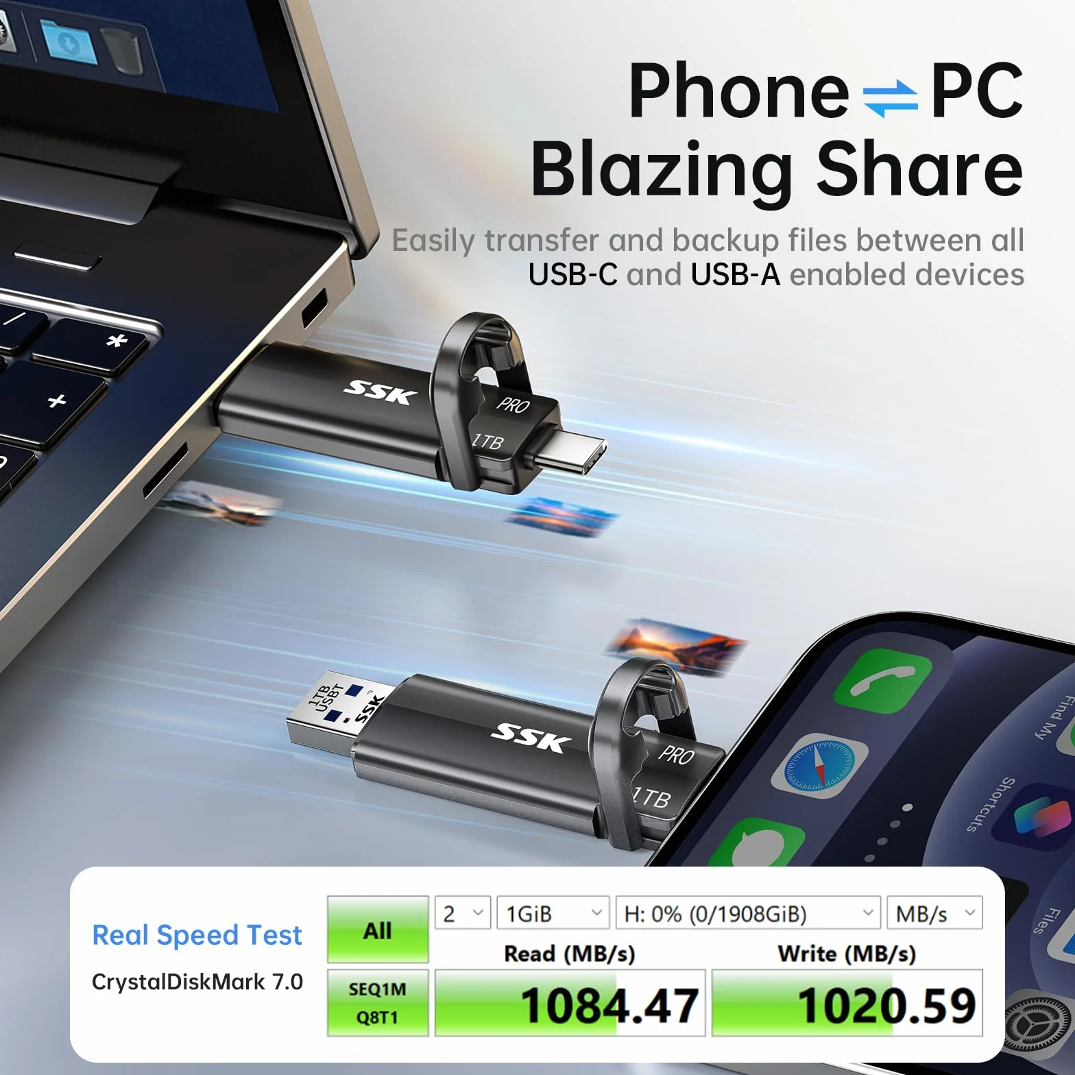 SSK Zewnętrzny dysk SSD 1TB, USB 3.2 Gen 2 Przenośny dysk SSD prędkość do 1000 MB/s, podwójny USB C i zewnętrzny dysk półprzewodnikowy do iPhone'a 15/16/17-Series/PS4/Android Telefon / Tablet/Windows
