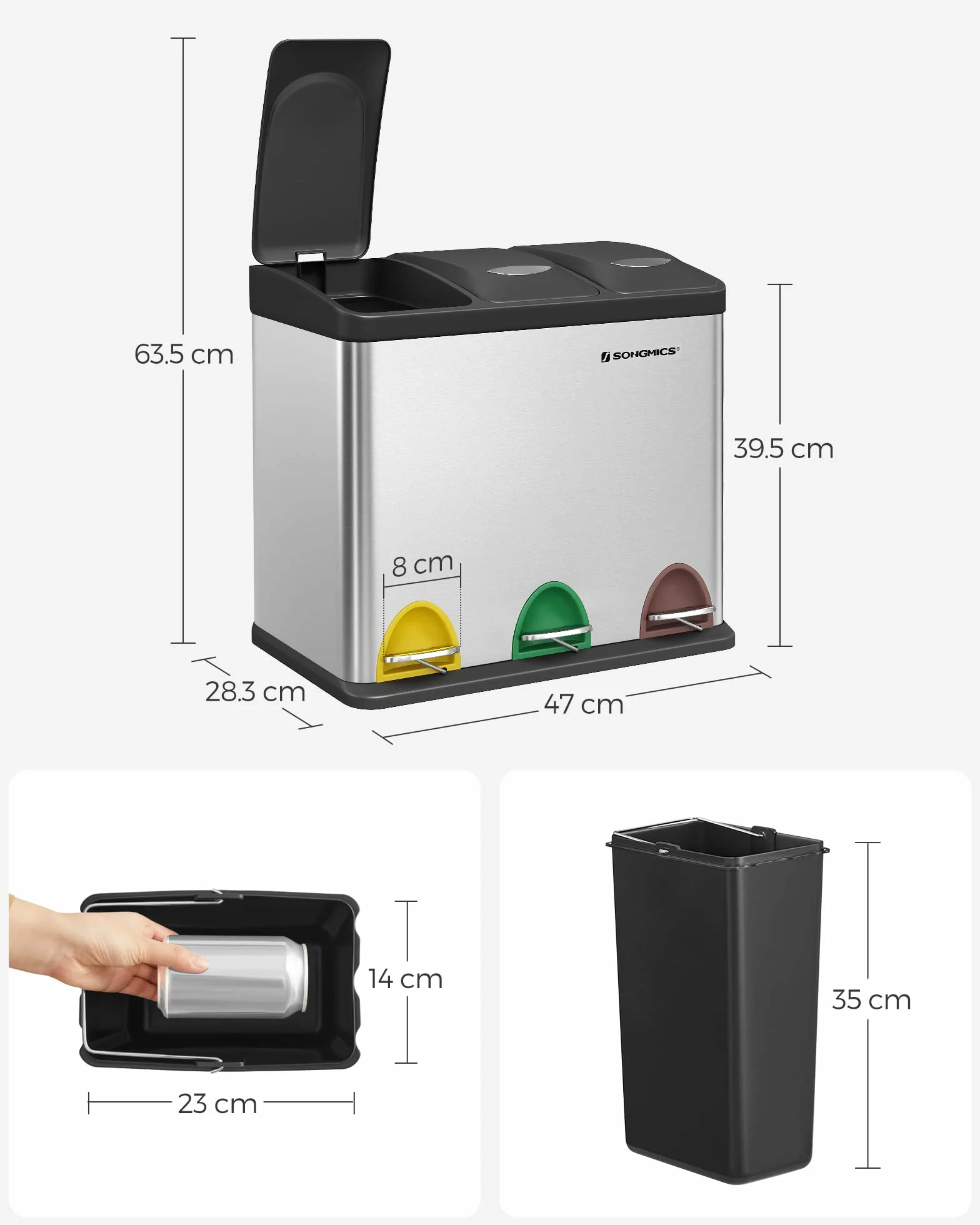 SONGMICS kosz na śmieci kuchenne, 3 x 8 l, kosz na śmieci, potrójny stalowy kosz na śmieci, dla małych rodzin, pedały i wiaderka, łatwy do czyszczenia, srebrny i czarny LTB24L
