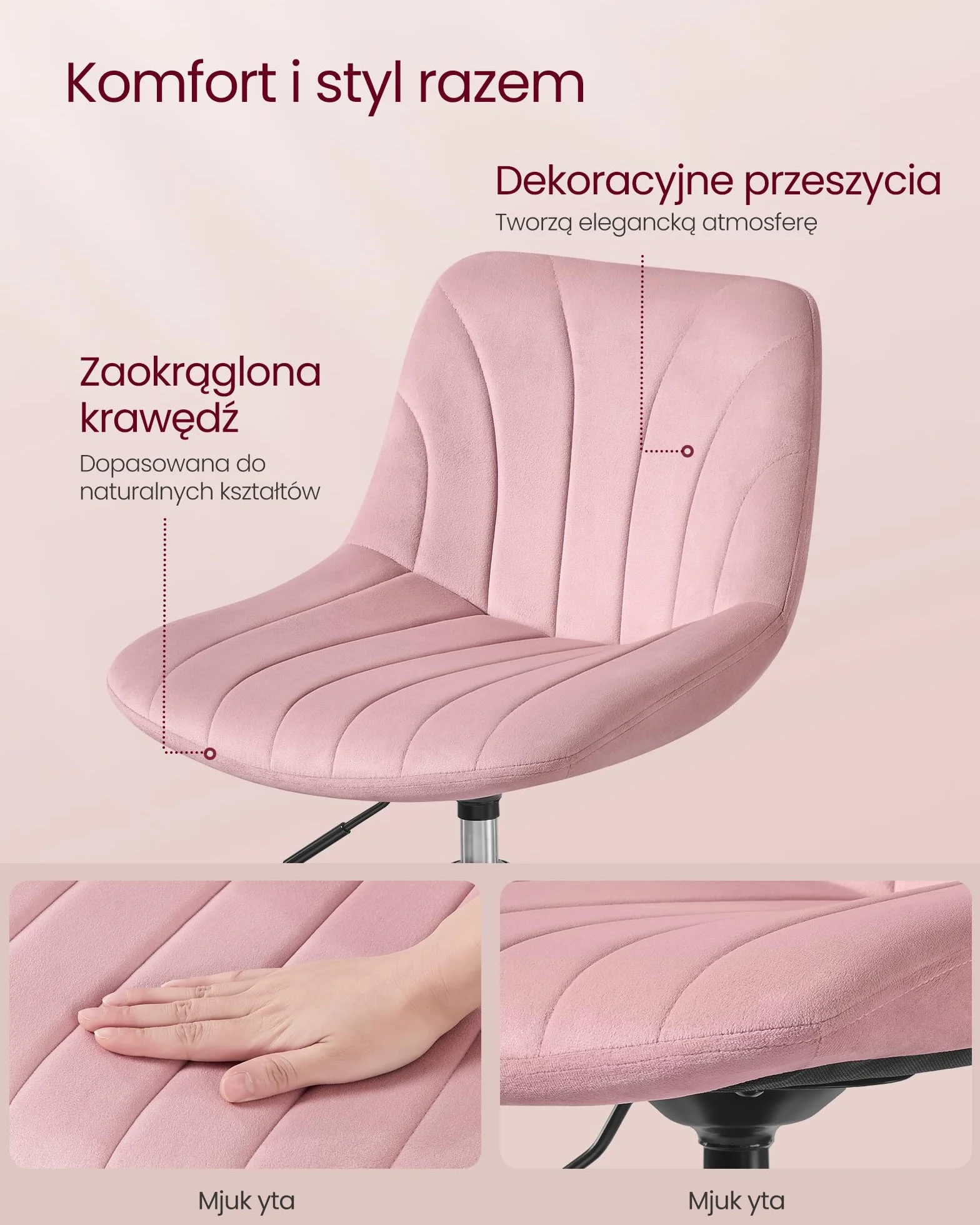 VASAGLE LJB160SA02 Toaletka, stołek barowy z regulacją wysokości, obrotowy 360°, aksamitny, żelowo-różowy