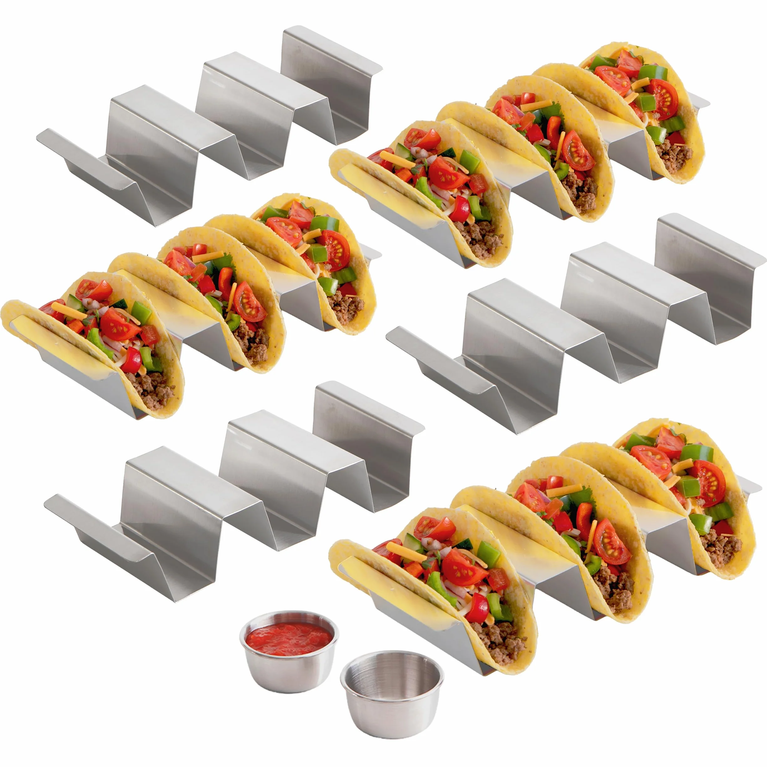 Zestaw 6 uchwytów do taco ze stali nierdzewnej, płaski rowek i 2 kubki do sosów