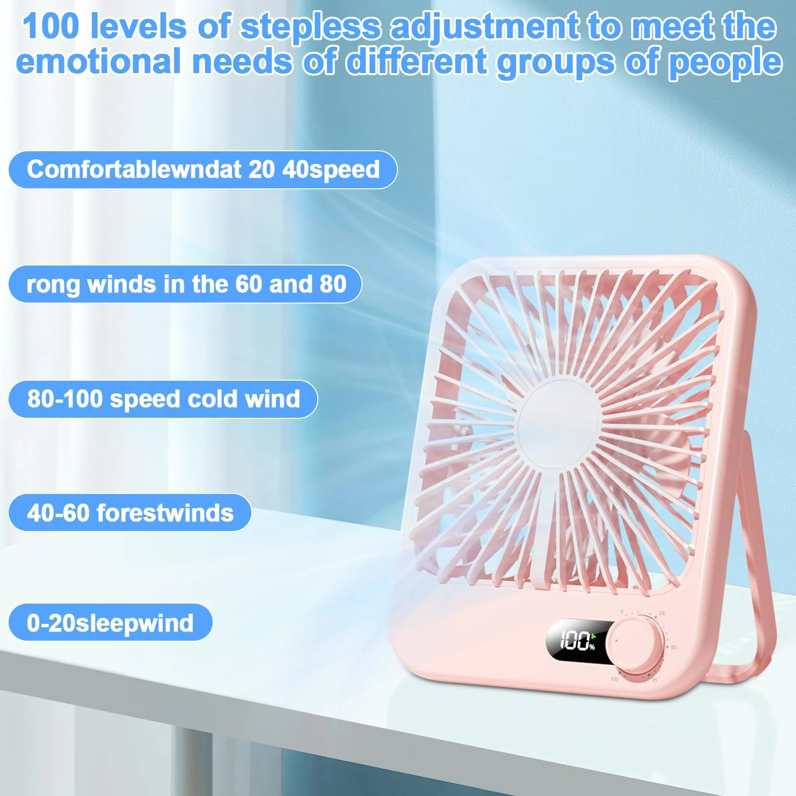 Collazoey Wentylator stołowy, cichy, do ładowania, 3000 mAh, USB, konwersja częstotliwości, regulacja 180°, do biura, biblioteki, sypialni, na kemping, różowy