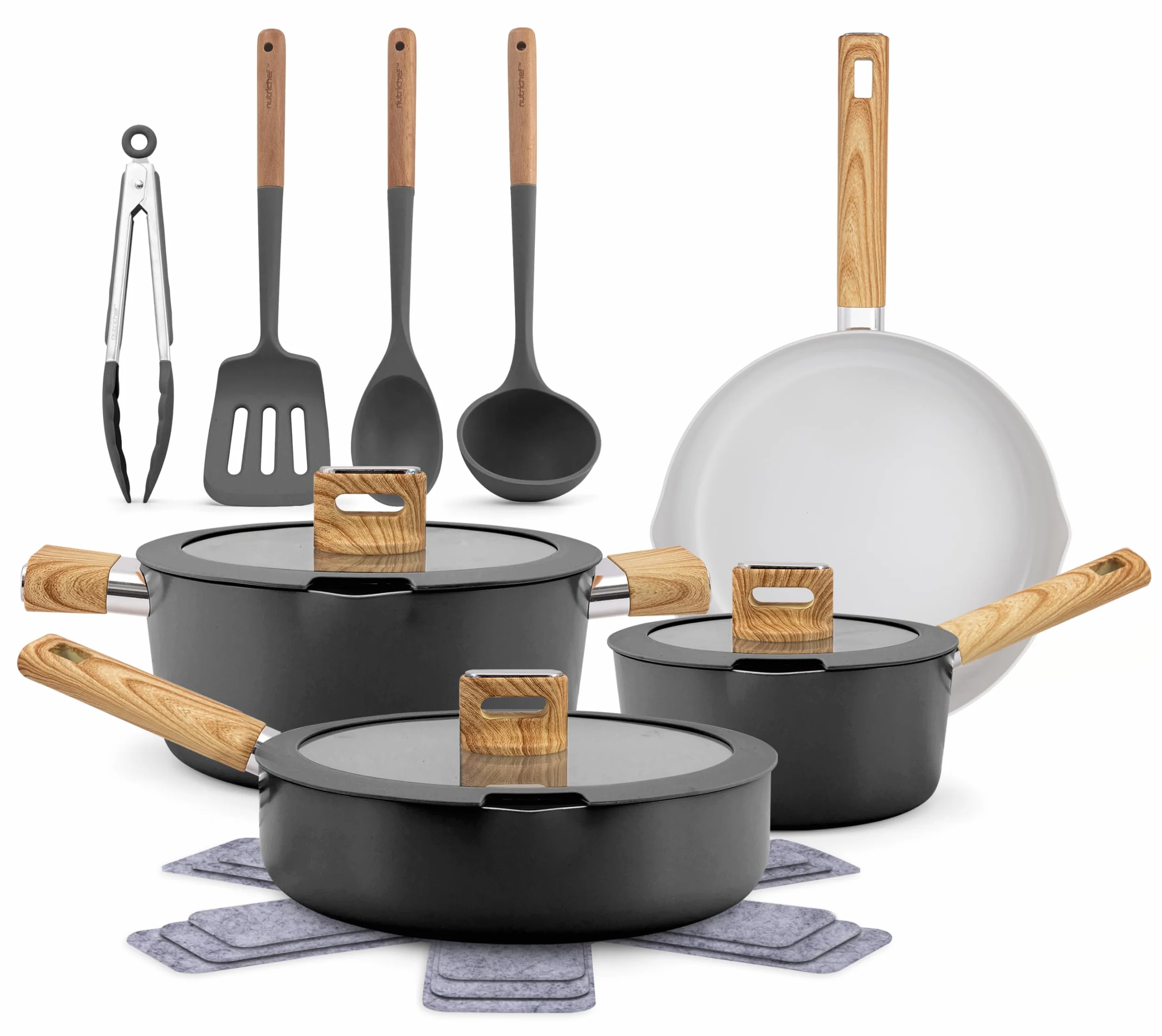 NutriChef Zestaw Naczyń Ceramicznych 14-częściowy - Kompatybilność z Indukcją, Patelnia z Pokrywką, Uchwyty Zimne w Dotyku, Czarne