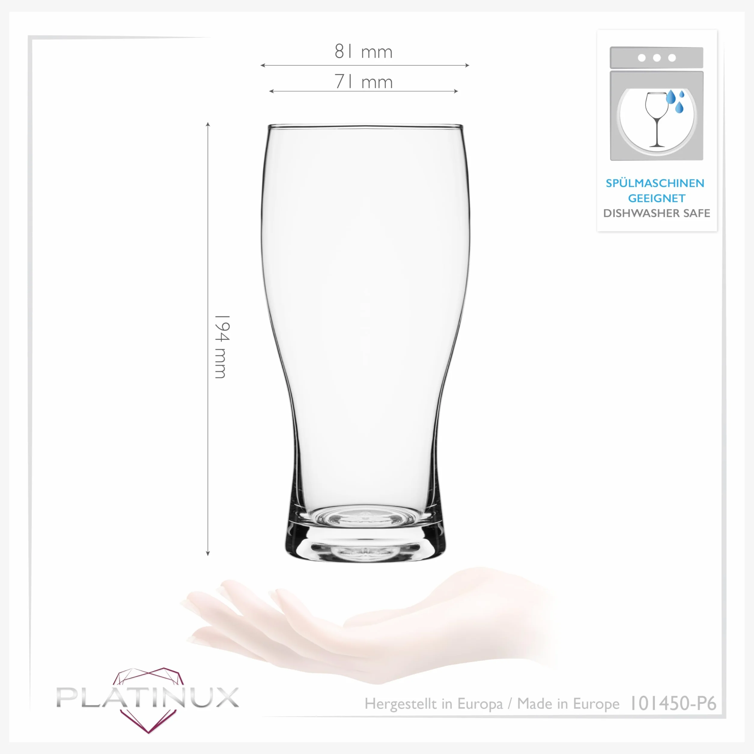 PLATINUX Szklanki do piwa 500 ml (maks. 640 ml) ze szkła zestaw 6-częściowy kufel do piwa pszenicznego wysoki kieliszek do piwa 0,5 l