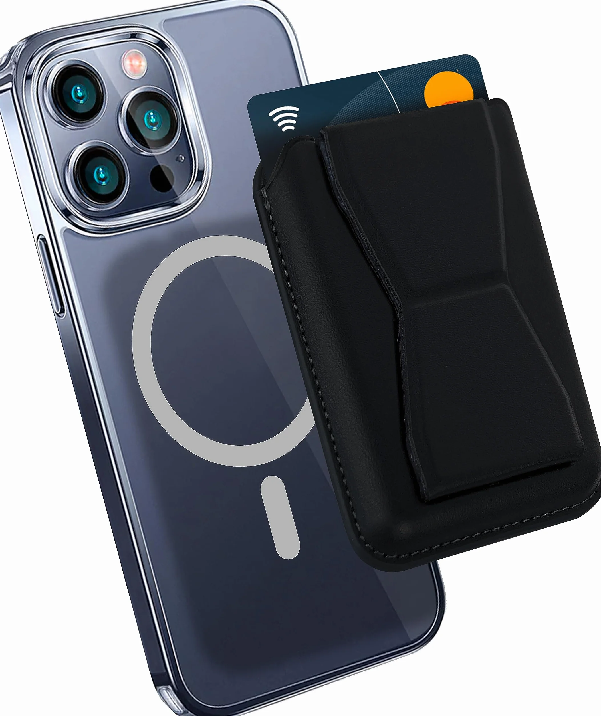 MyGadget Magnetyczny portfel Magsafe, z przegródką na kartę i podstawką, wykonany ze sztucznej skóry, kompatybilny z Apple iPhone 14, 13, seria 12, czarny, Czarny, Magsafe Wallet, Minimalistyczny