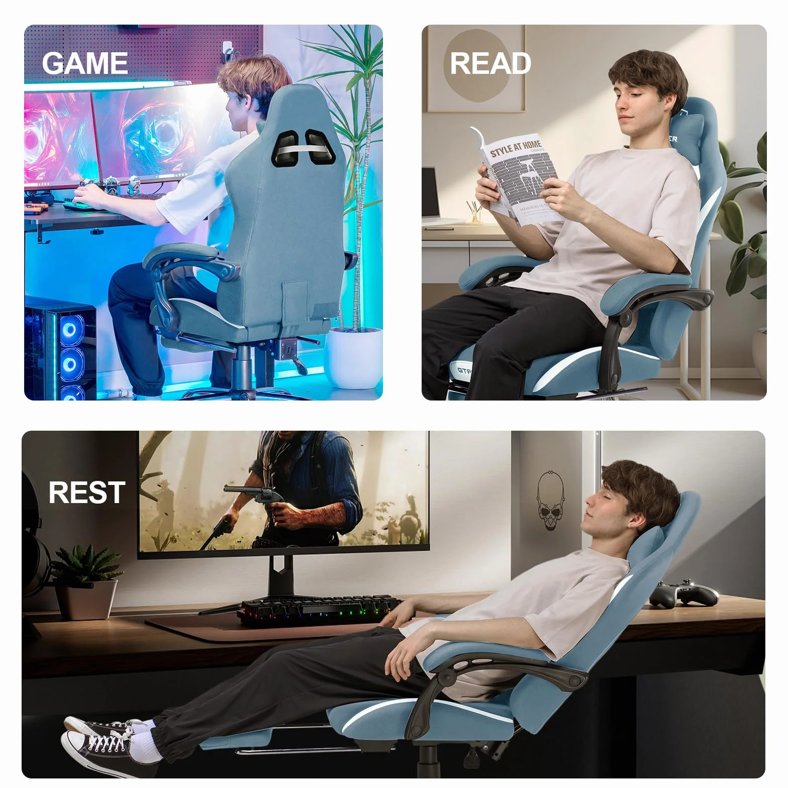 GTPLAYER Fotel Gamingowy Ergonomiczny Regulowany Obrotowy z Podnóżkiem Niebieski