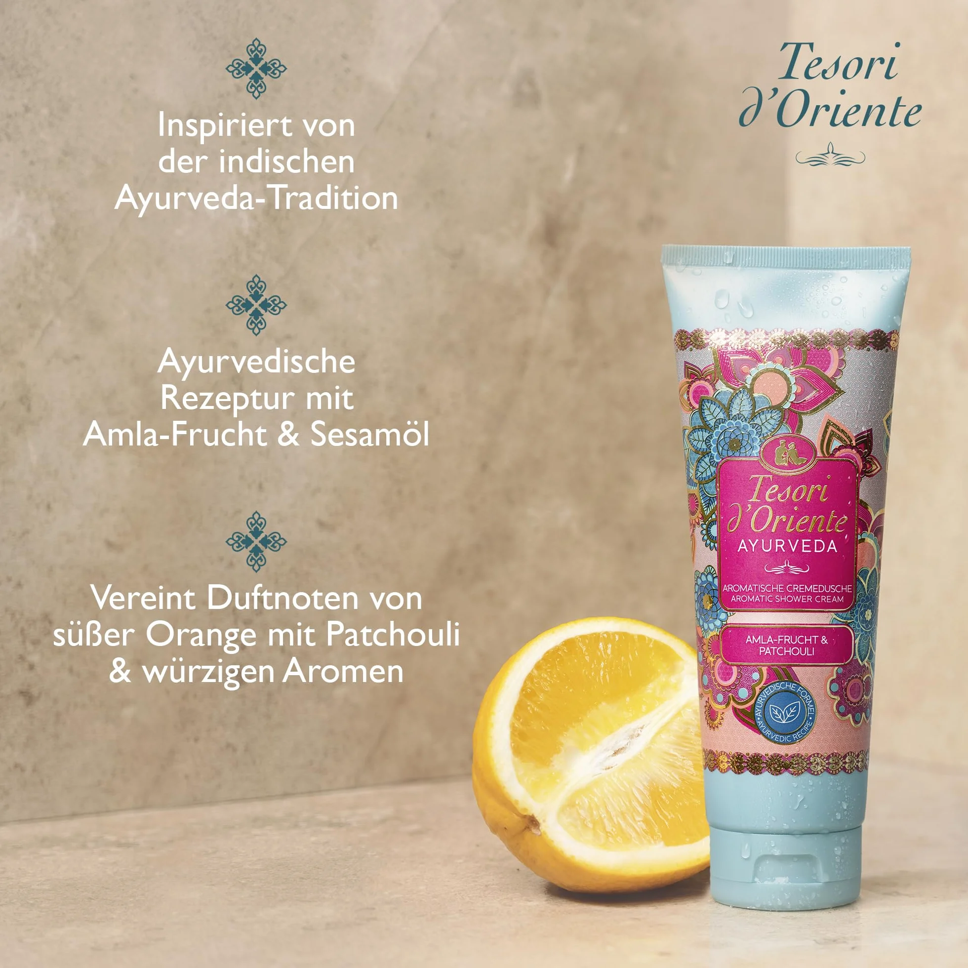 TESORI D'ORIENTE Kremowy żel pod prysznic "Ayurveda", 250 ml, aromatyczny żel pod prysznic z owocami amla i paczula, krem pod prysznic do pielęgnacji ciała, rytuał dla ciała i zmysłów